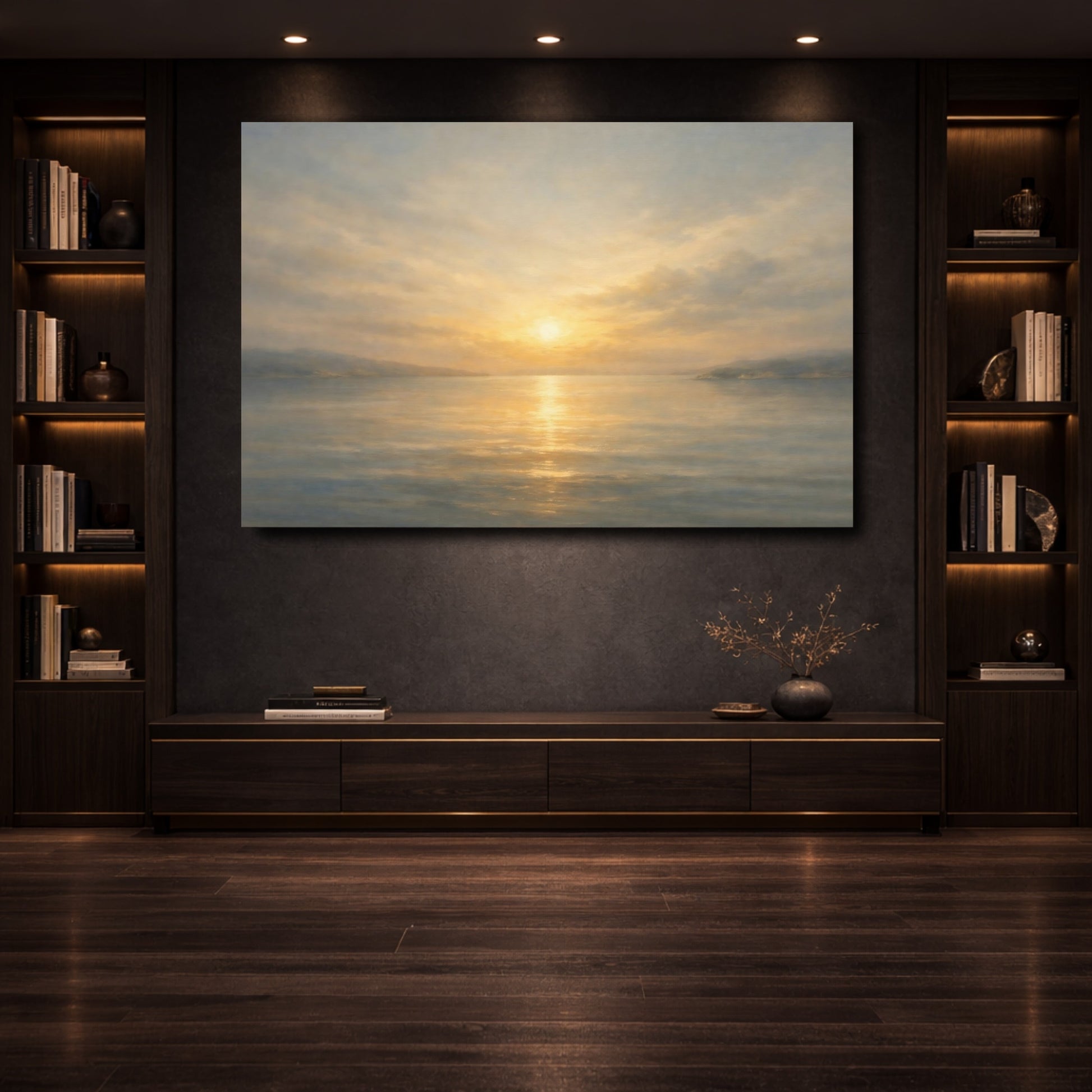 Mockup 3. Nature Sunset Seascape Golden Ocean Sunset shown as stretched canvas wall art