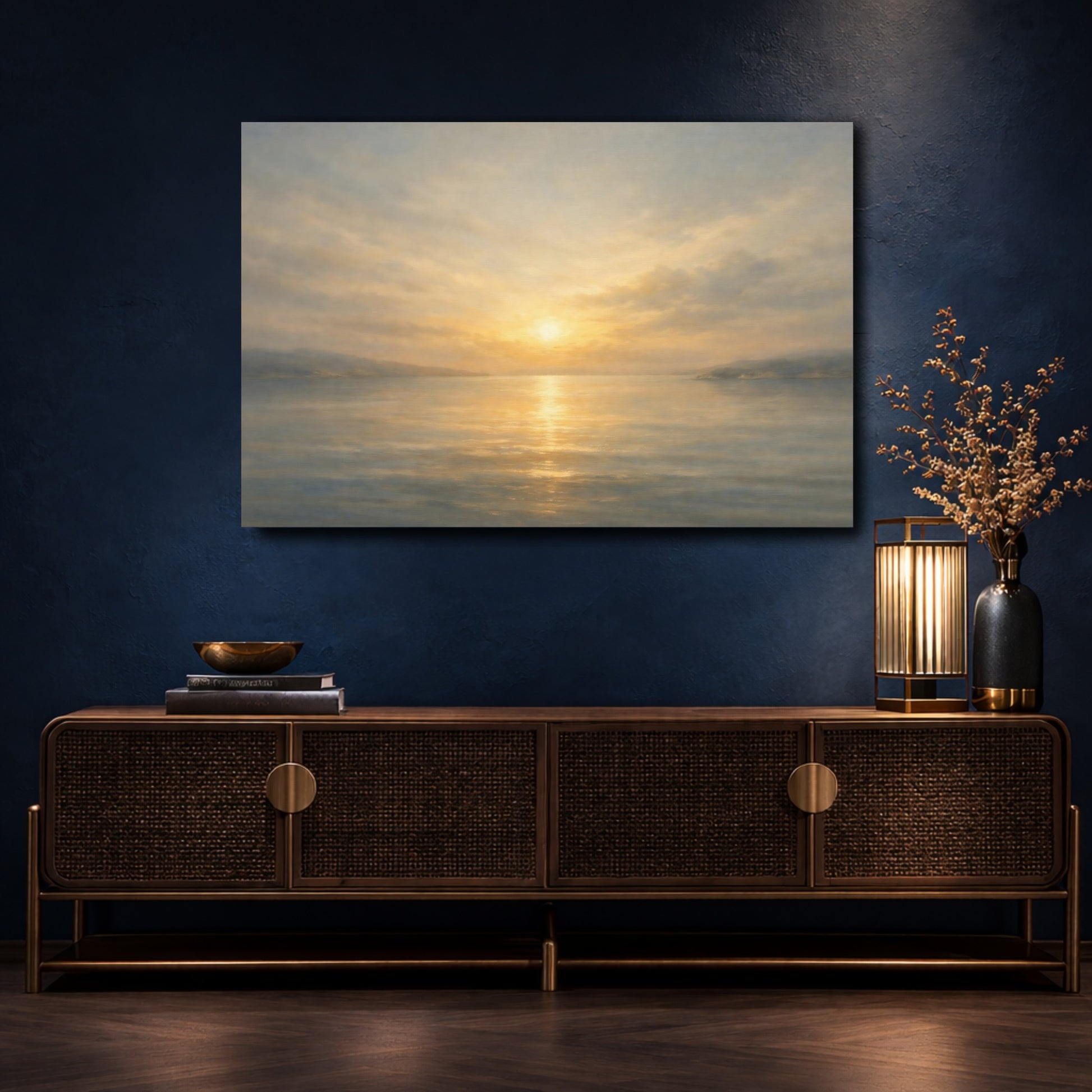 Mockup 4. Nature Sunset Seascape Golden Ocean Sunset shown as stretched canvas wall art