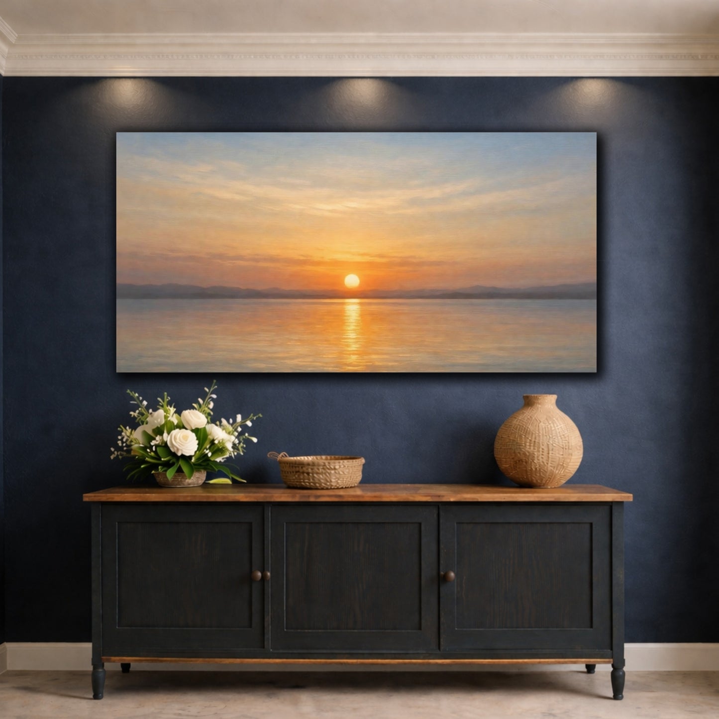 Mockup 4. Nature Sunset Seascape Golden Sunset Landscape shown as stretched canvas wall art