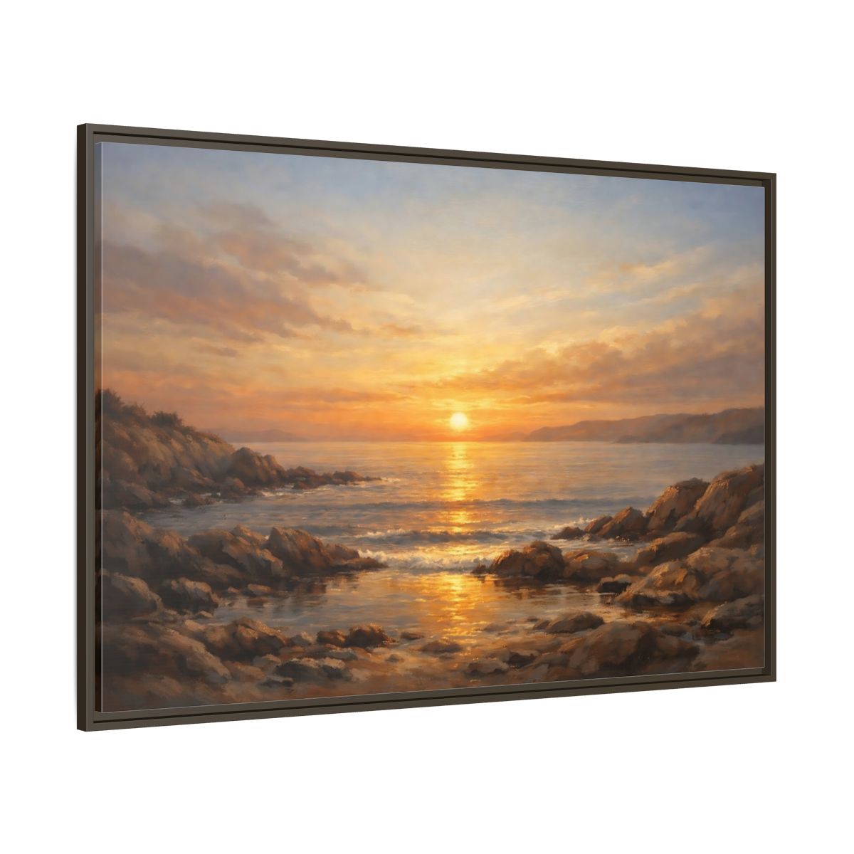 Main Mockup. Nature Sunset Seascape Golden Sunset Seascape shown as stretched canvas wall art