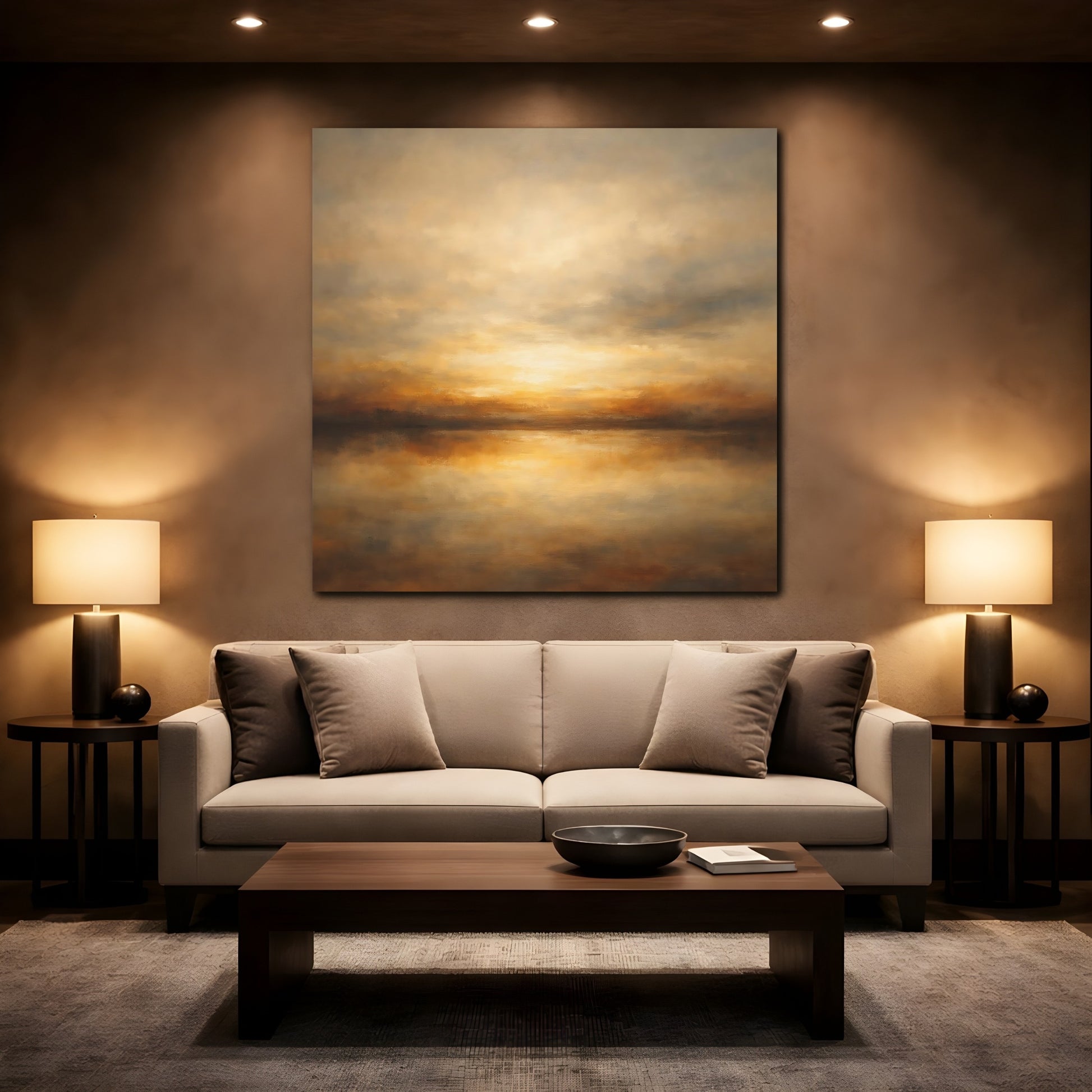 Mockup 2. Nature Sunset Seascape Golden Sunset Seascape shown as stretched canvas wall art