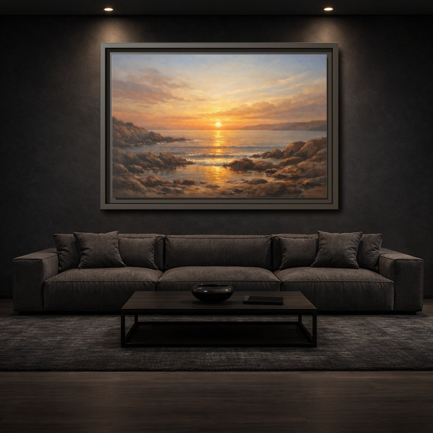Mockup 2. Nature Sunset Seascape Golden Sunset Seascape shown as stretched canvas wall art