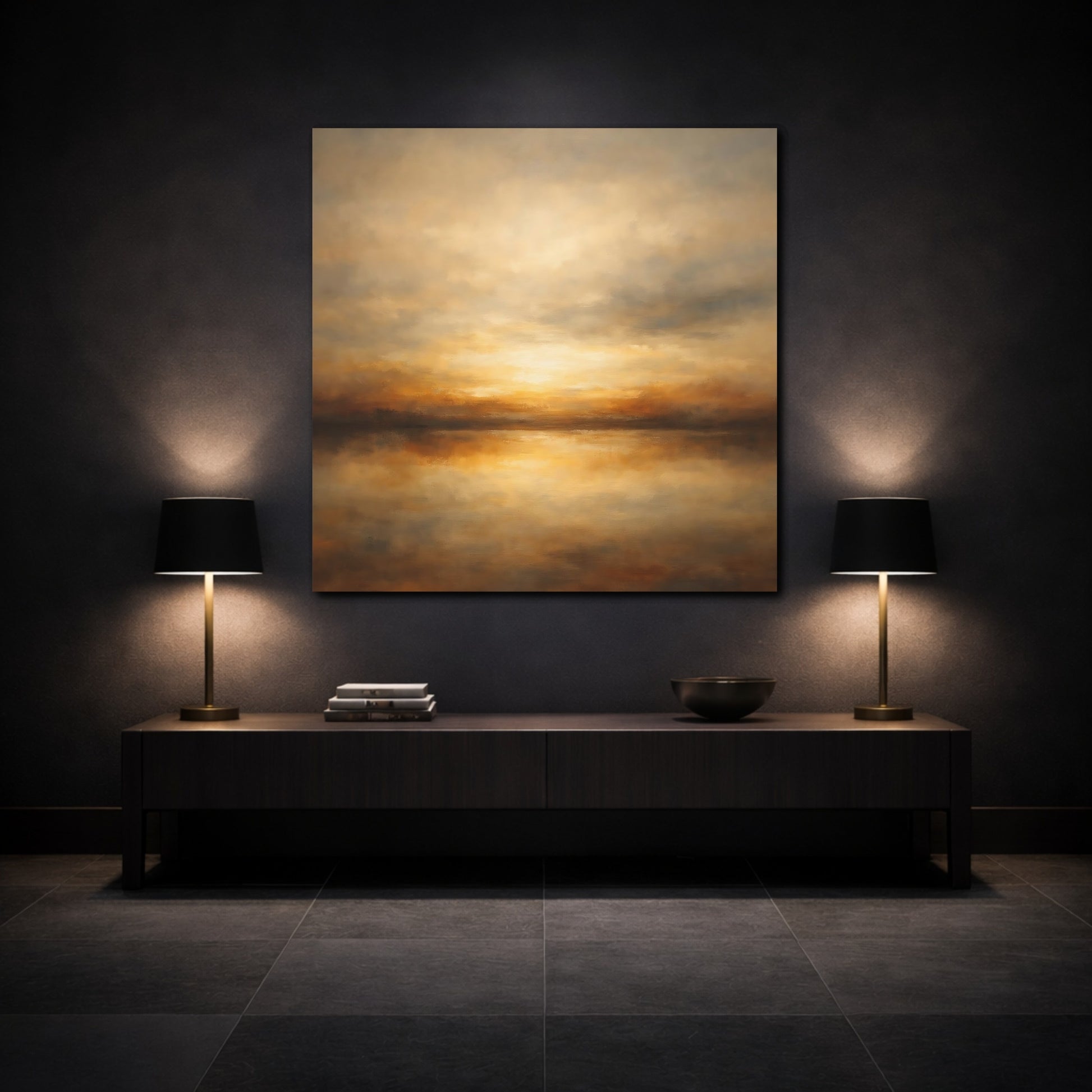 Mockup 3. Nature Sunset Seascape Golden Sunset Seascape shown as stretched canvas wall art