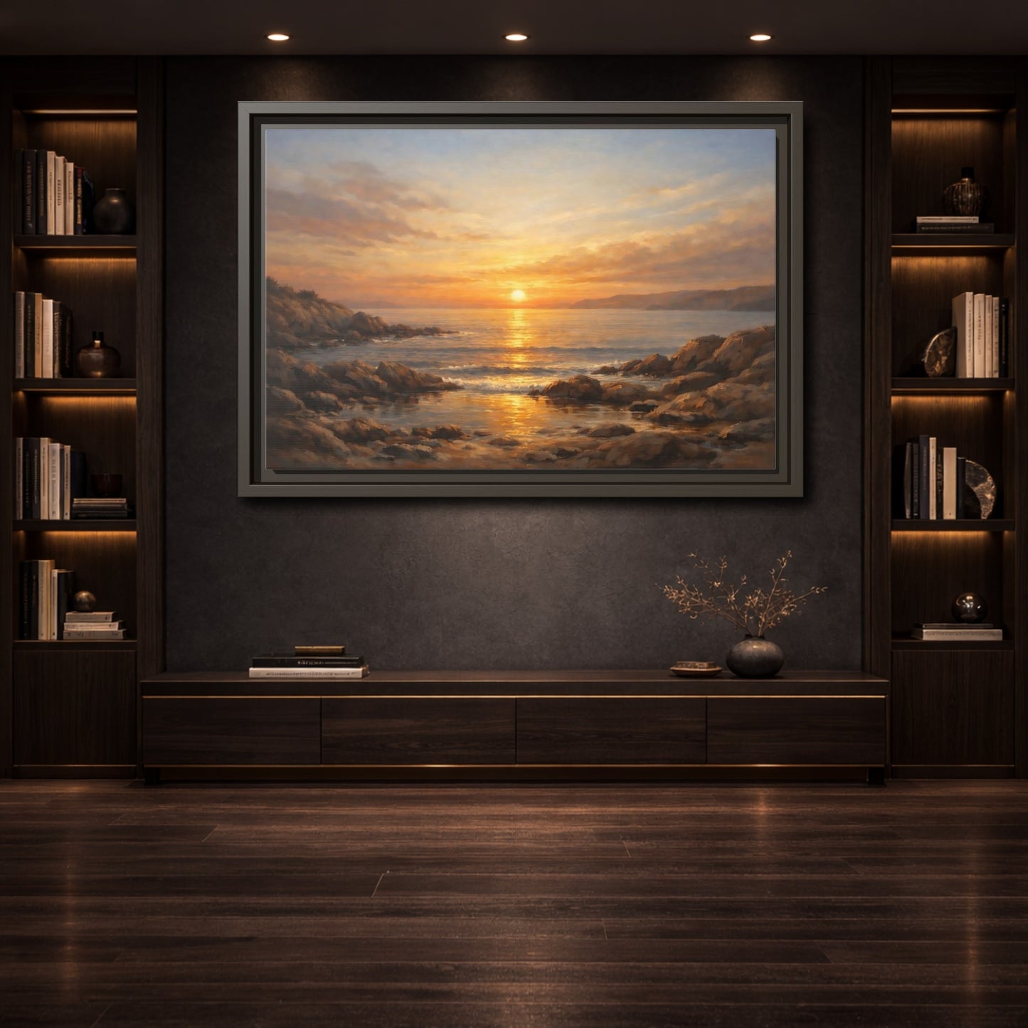 Mockup 3. Nature Sunset Seascape Golden Sunset Seascape shown as stretched canvas wall art