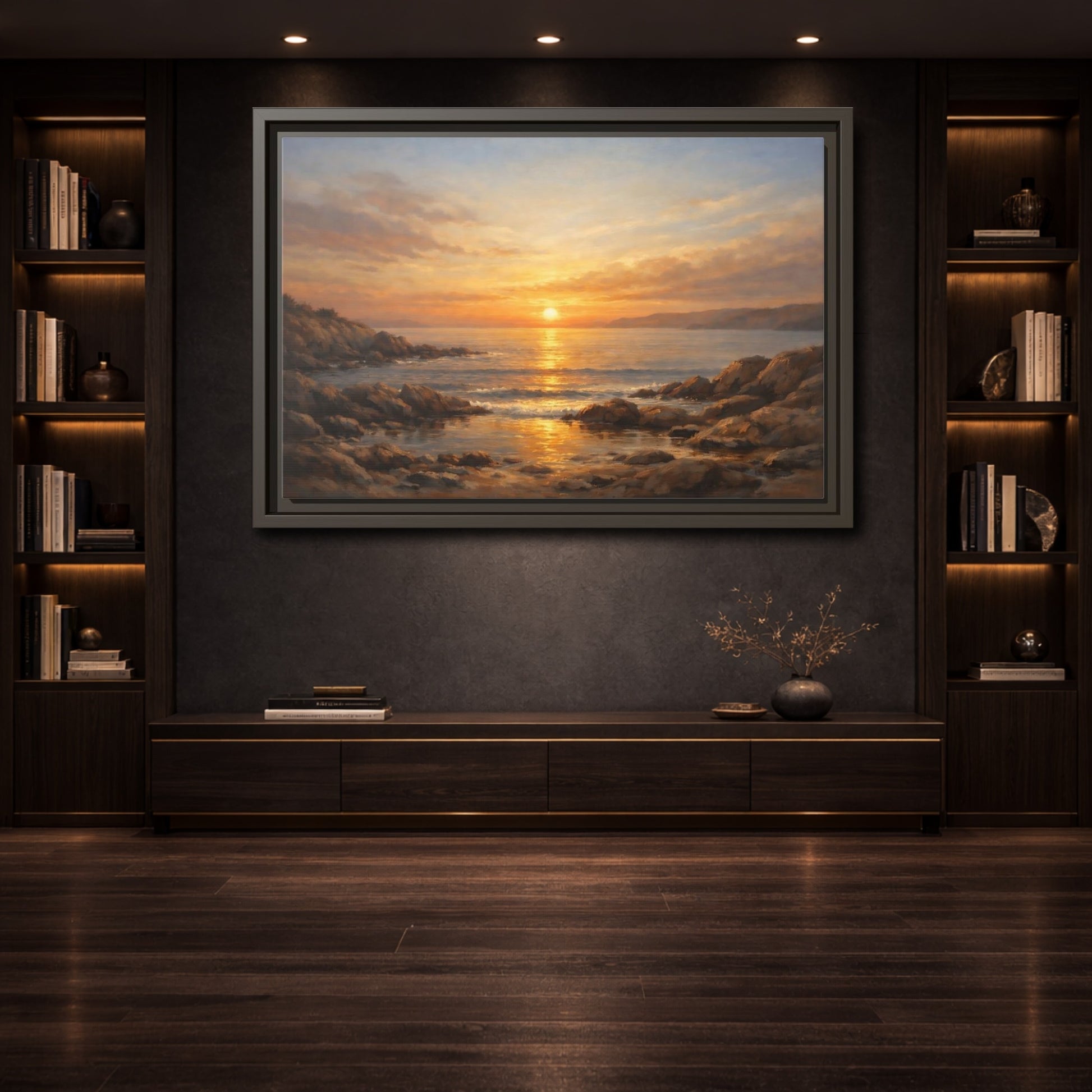 Mockup 3. Nature Sunset Seascape Golden Sunset Seascape shown as stretched canvas wall art