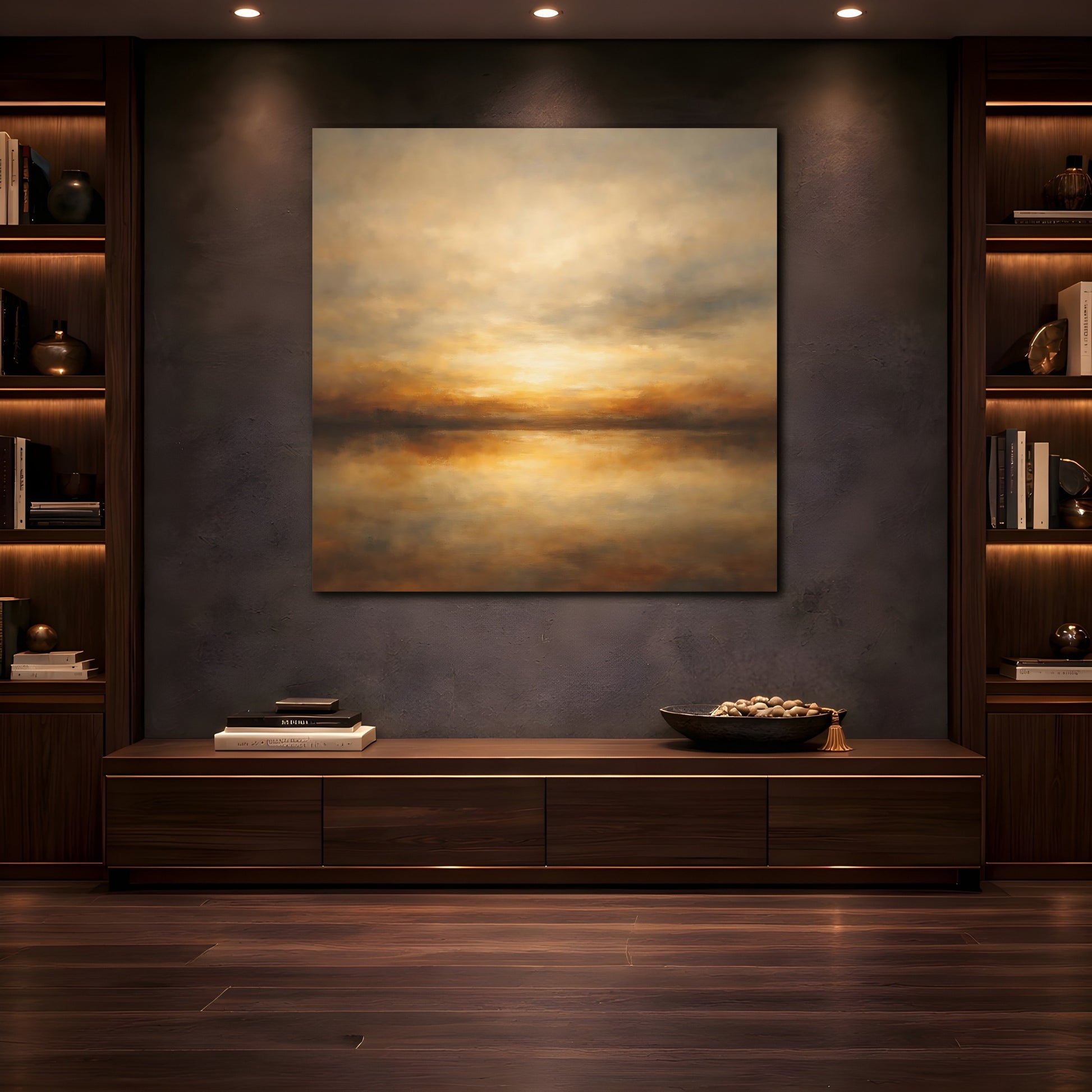 Mockup 4. Nature Sunset Seascape Golden Sunset Seascape shown as stretched canvas wall art