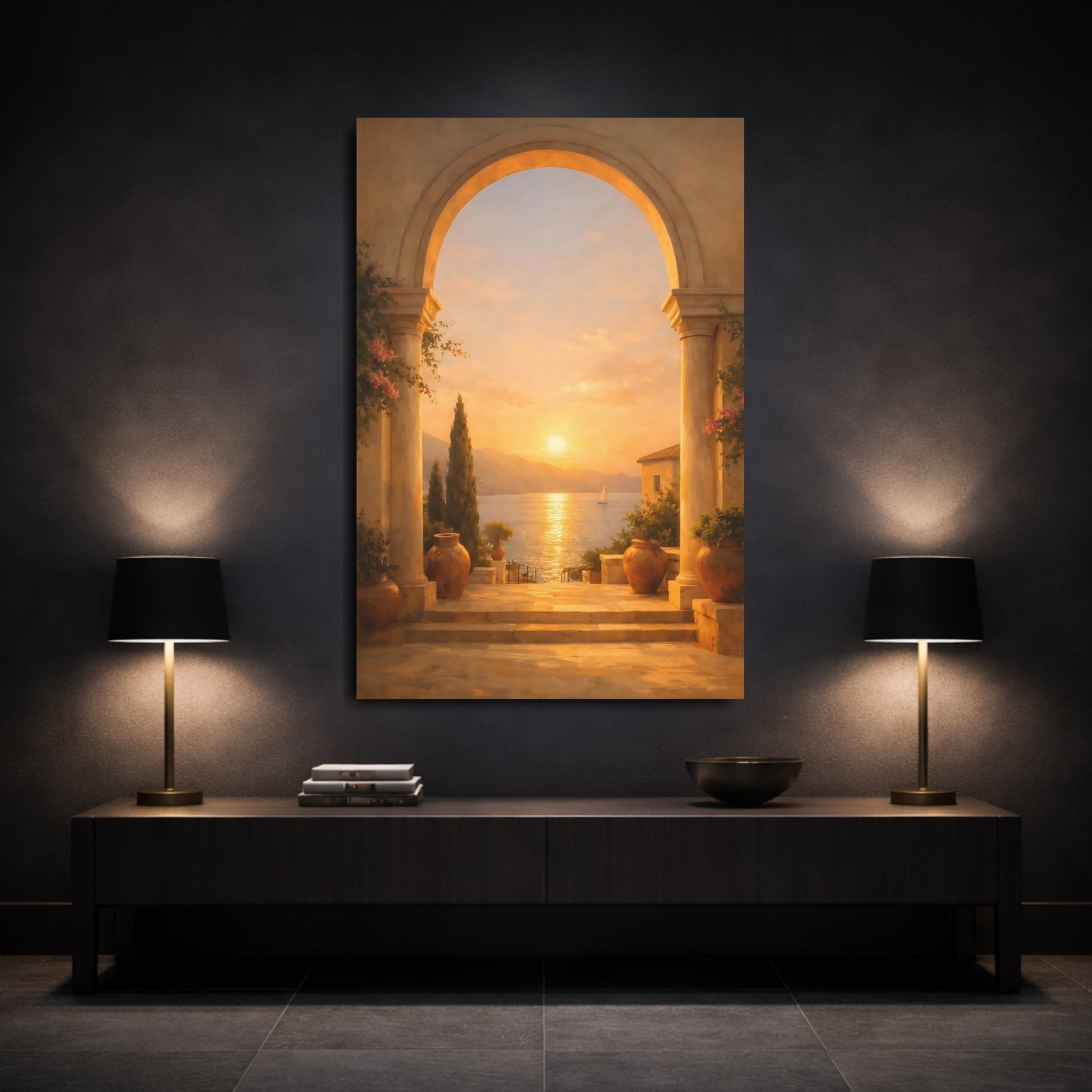 Nature Sunset Seascape Mediterranean Sunset shown as front canvas room wall art