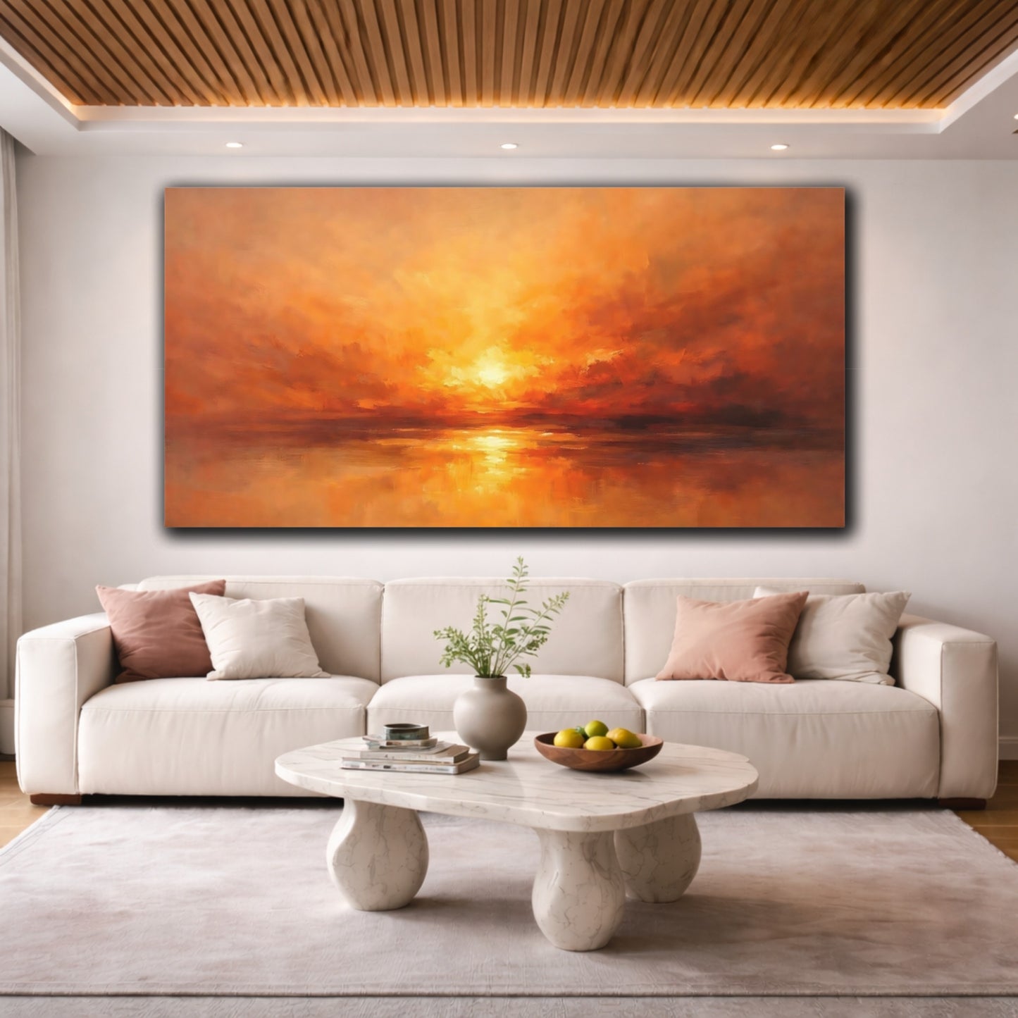 Mockup 3. Nature Sunset Seascape Orange Sunset shown as stretched canvas wall art