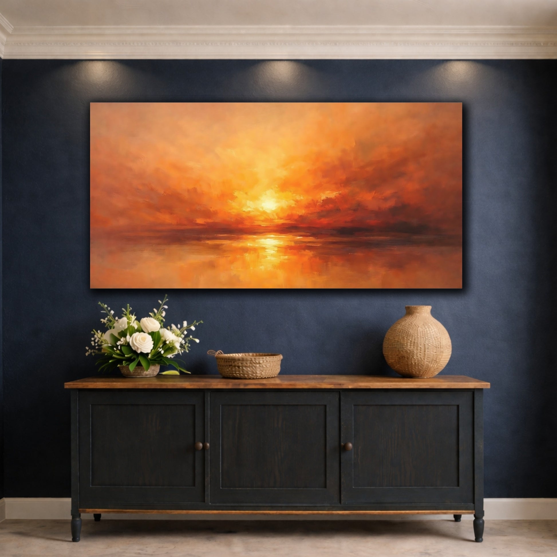 Mockup 4. Nature Sunset Seascape Orange Sunset shown as stretched canvas wall art