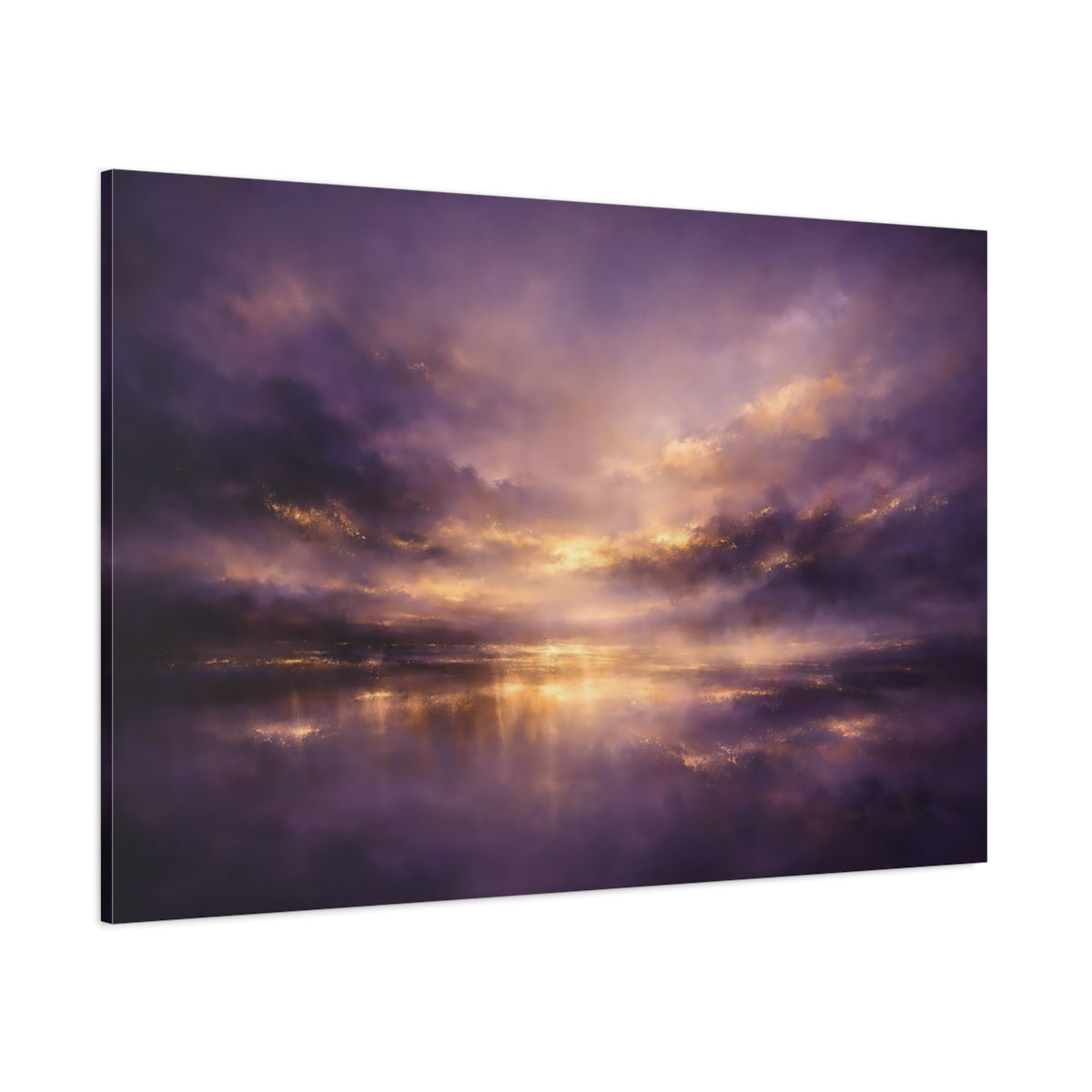 Main Mockup. Nature Sunset Seascape Purple And Gold shown as stretched canvas wall art