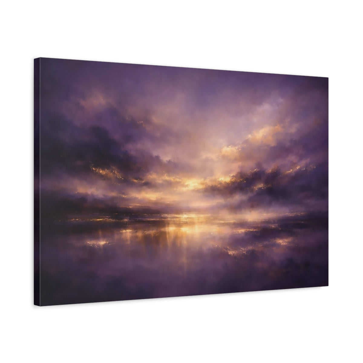 Side Mockup 2. Nature Sunset Seascape Purple And Gold shown as stretched canvas wall art