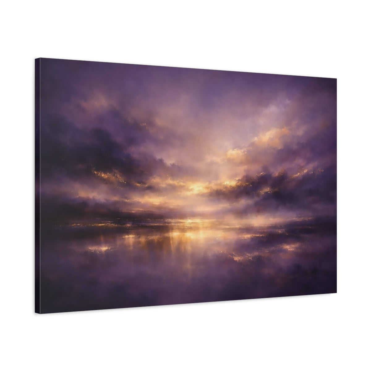 Side Mockup 1. Nature Sunset Seascape Purple And Gold shown as stretched canvas wall art