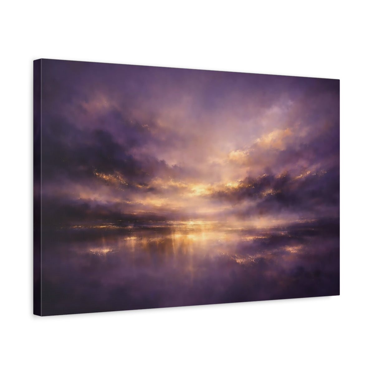 Side Mockup 3. Nature Sunset Seascape Purple And Gold shown as stretched canvas wall art