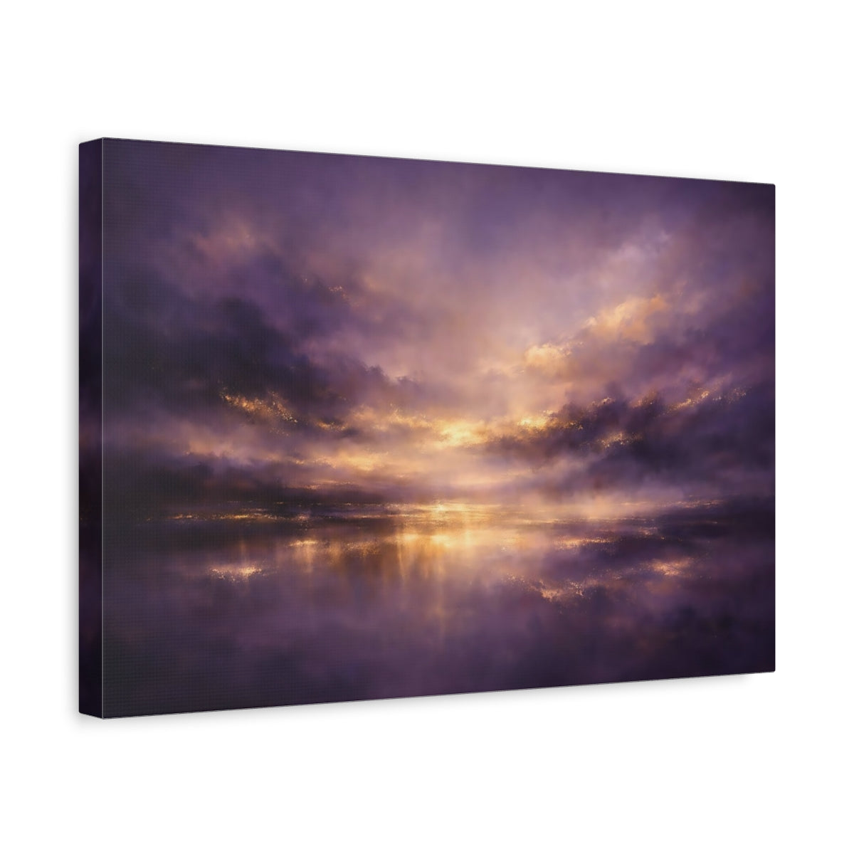 Side Mockup 4. Nature Sunset Seascape Purple And Gold shown as stretched canvas wall art