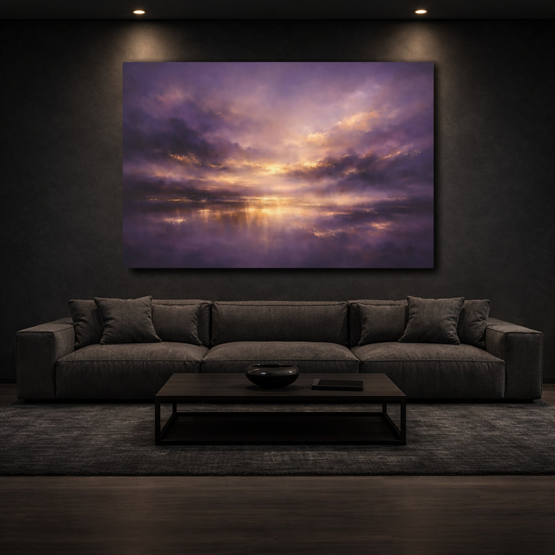 Mockup 2. Nature Sunset Seascape Purple And Gold shown as stretched canvas wall art