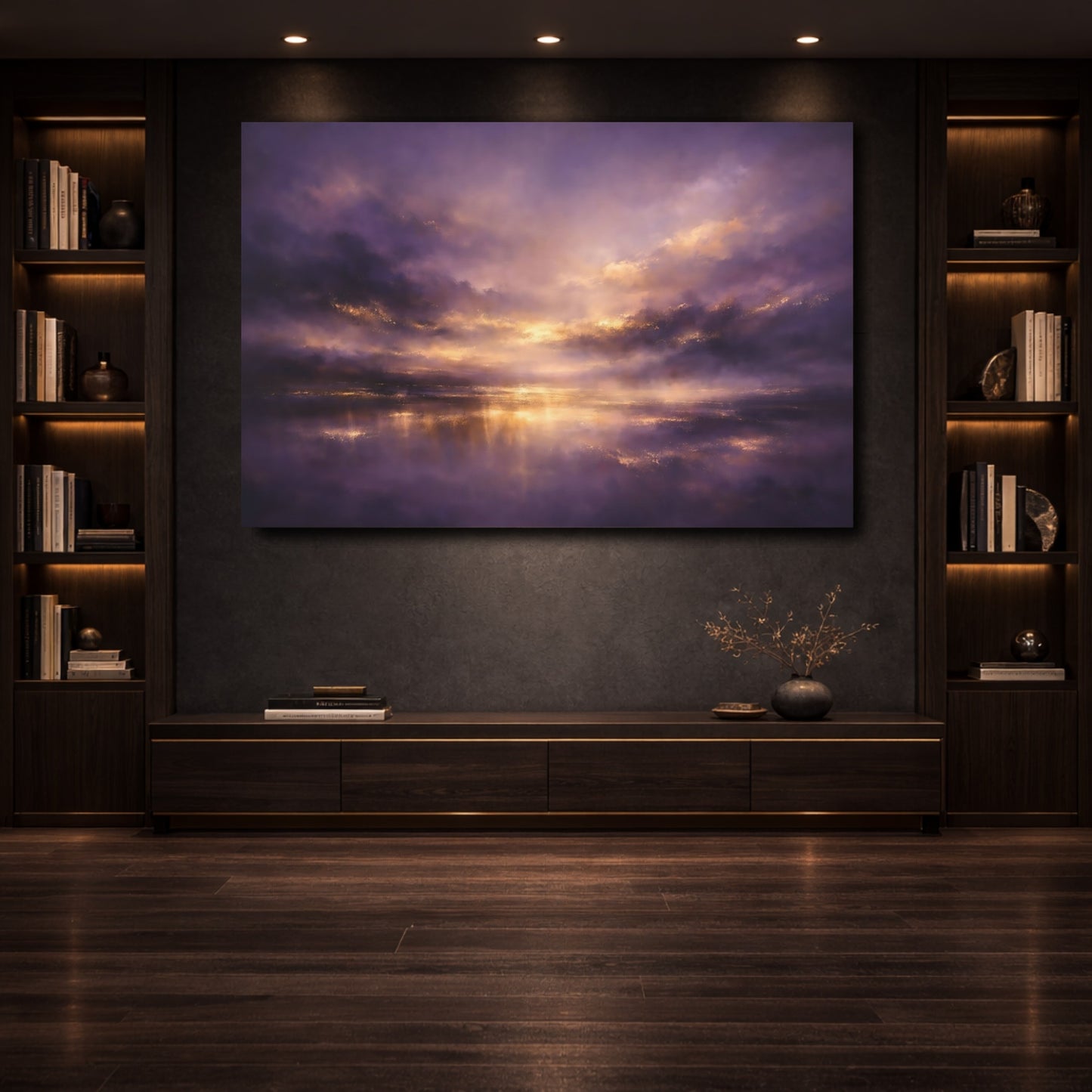Mockup 3. Nature Sunset Seascape Purple And Gold shown as stretched canvas wall art