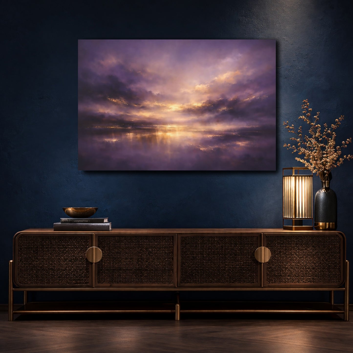 Mockup 4. Nature Sunset Seascape Purple And Gold shown as stretched canvas wall art