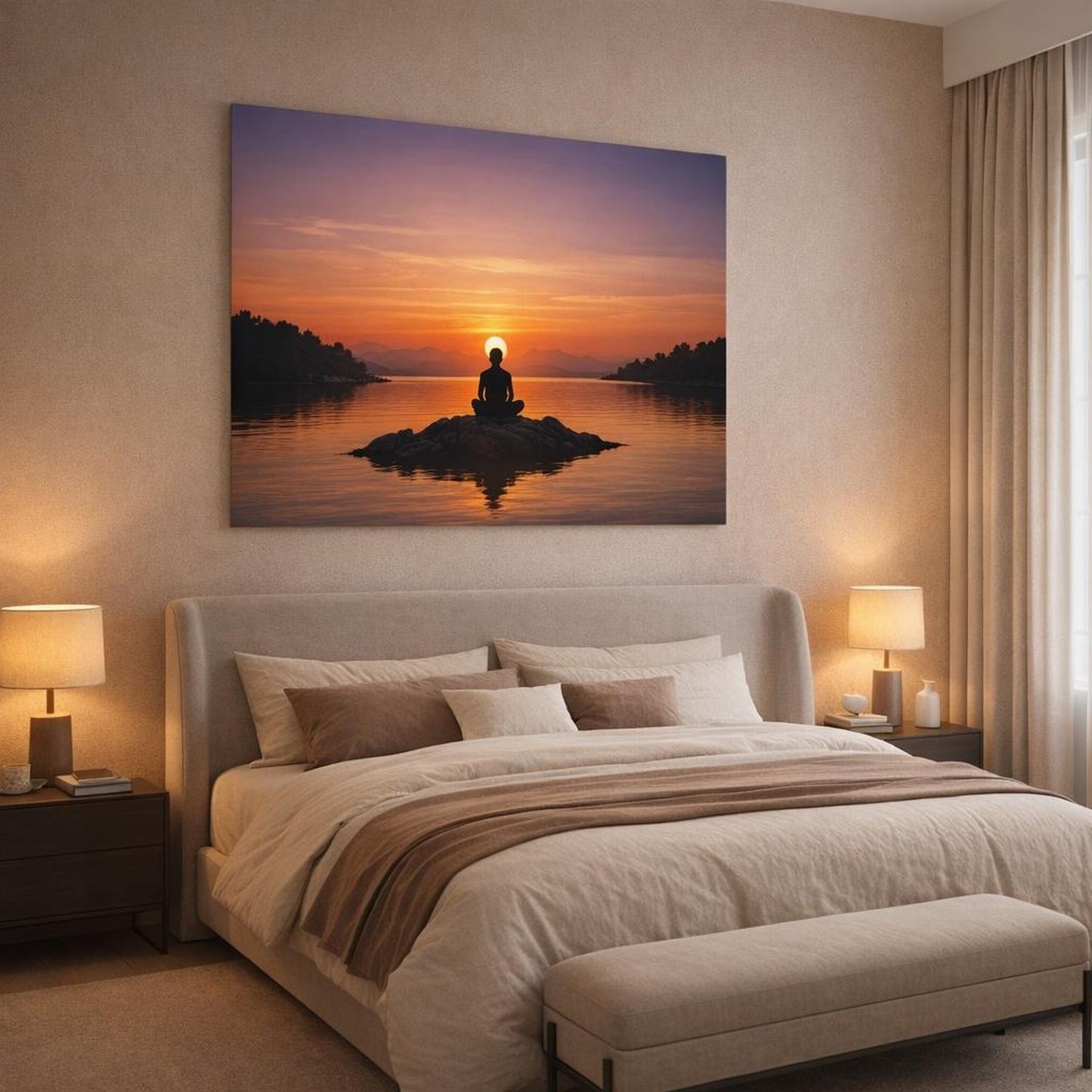 Nature Sunset Silence shown as canvas wall art in a luxury bedroom