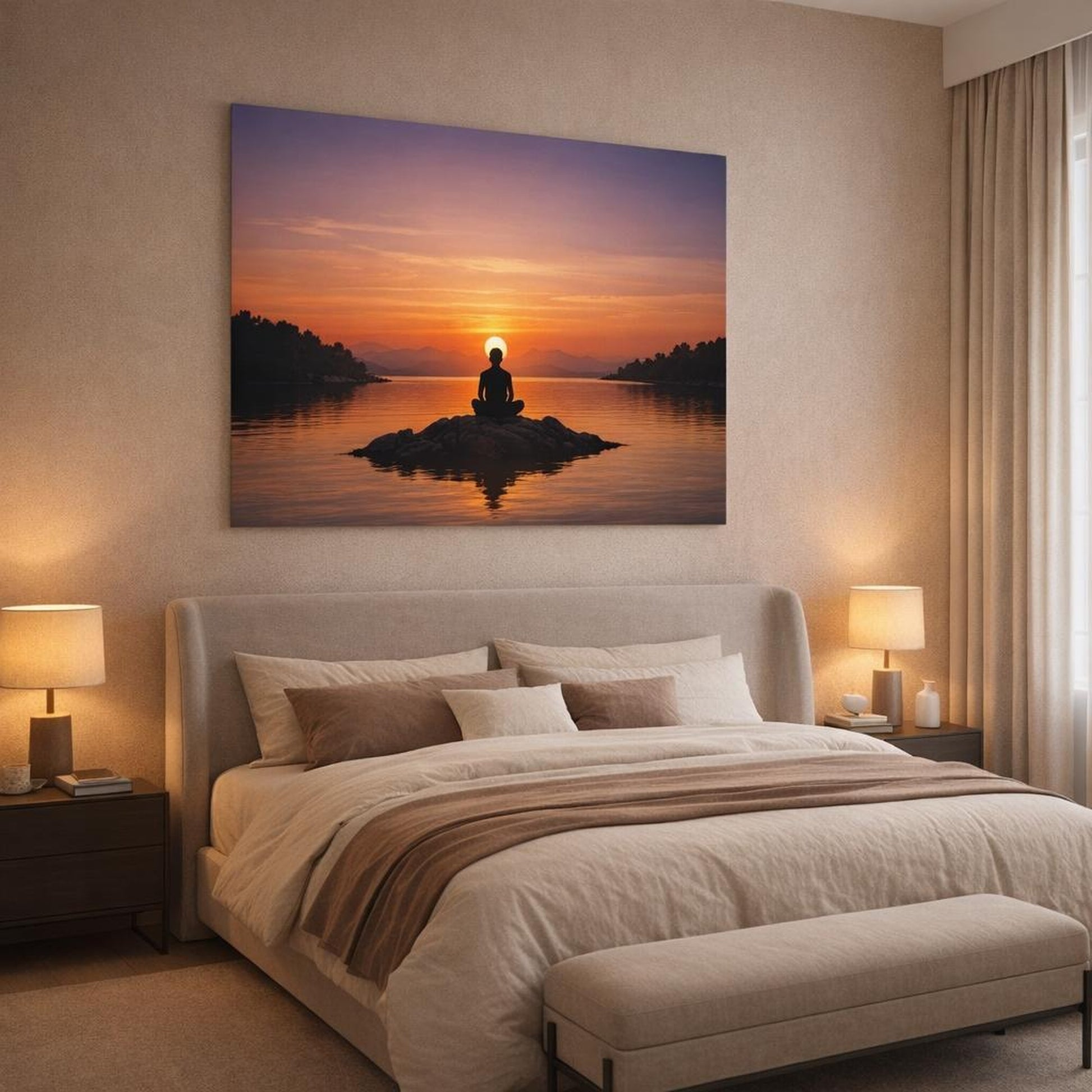 Nature Sunset Silence shown as canvas wall art in a luxury bedroom