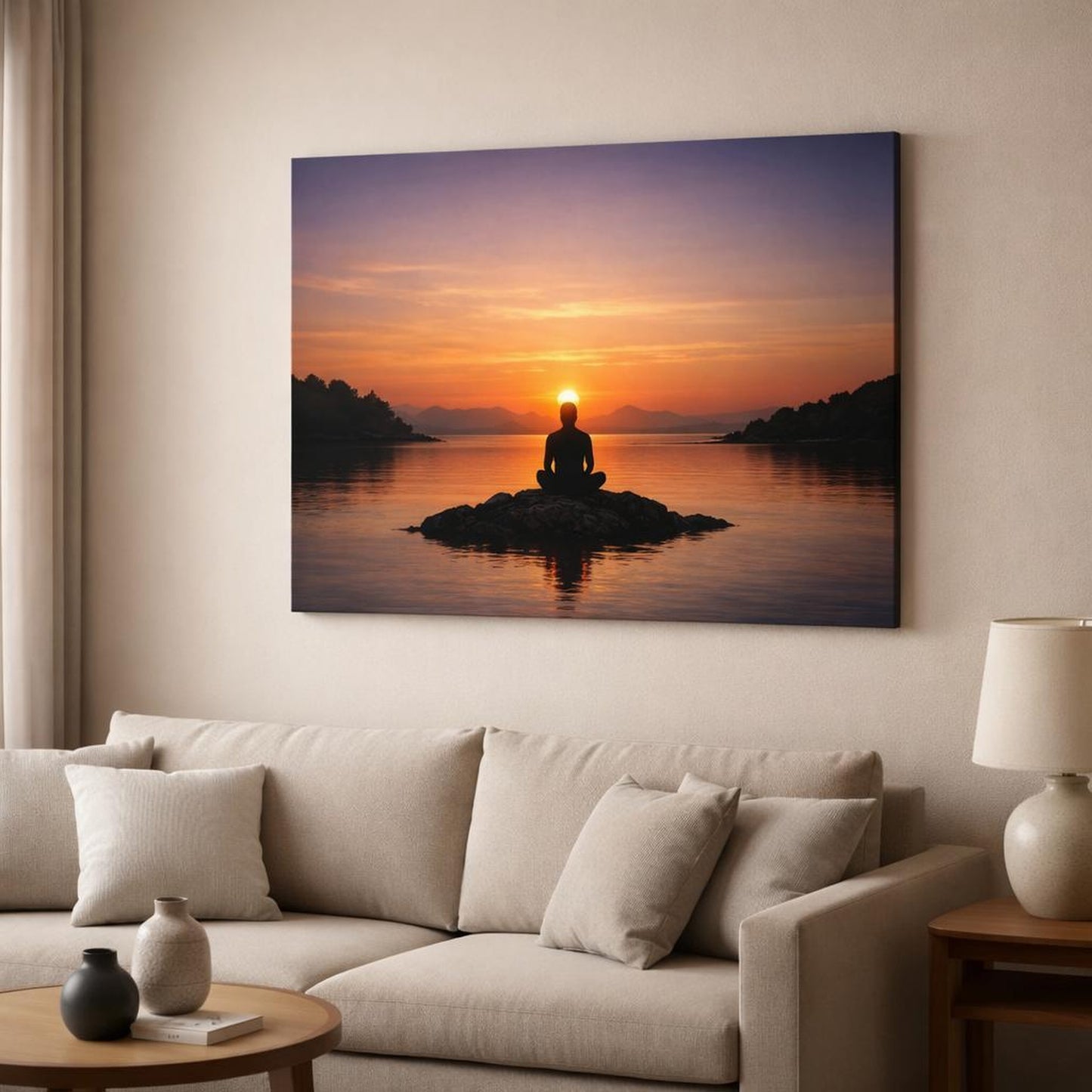 Nature Sunset Silence shown as canvas wall art in a modern living room