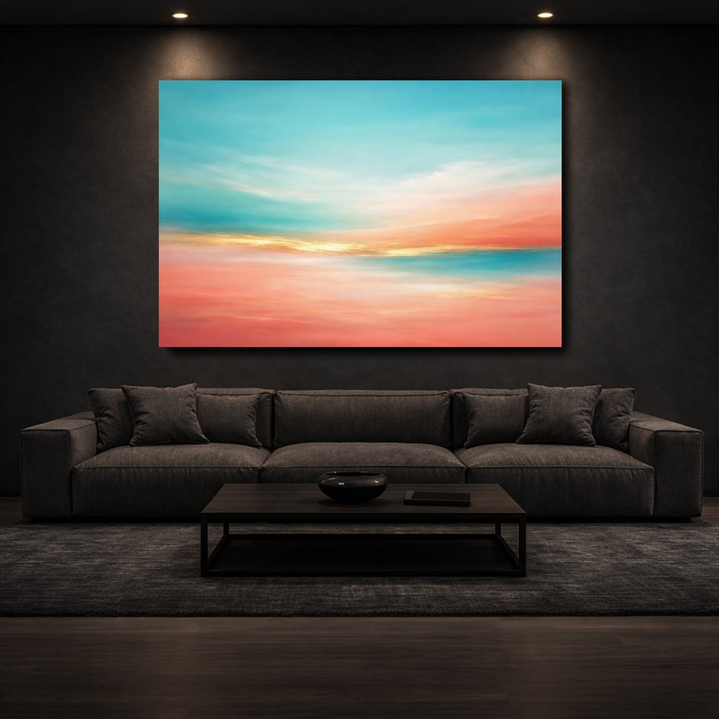 Mockup 2. Nature Sunset Sky Teal Orange Abstract shown as stretched canvas wall art