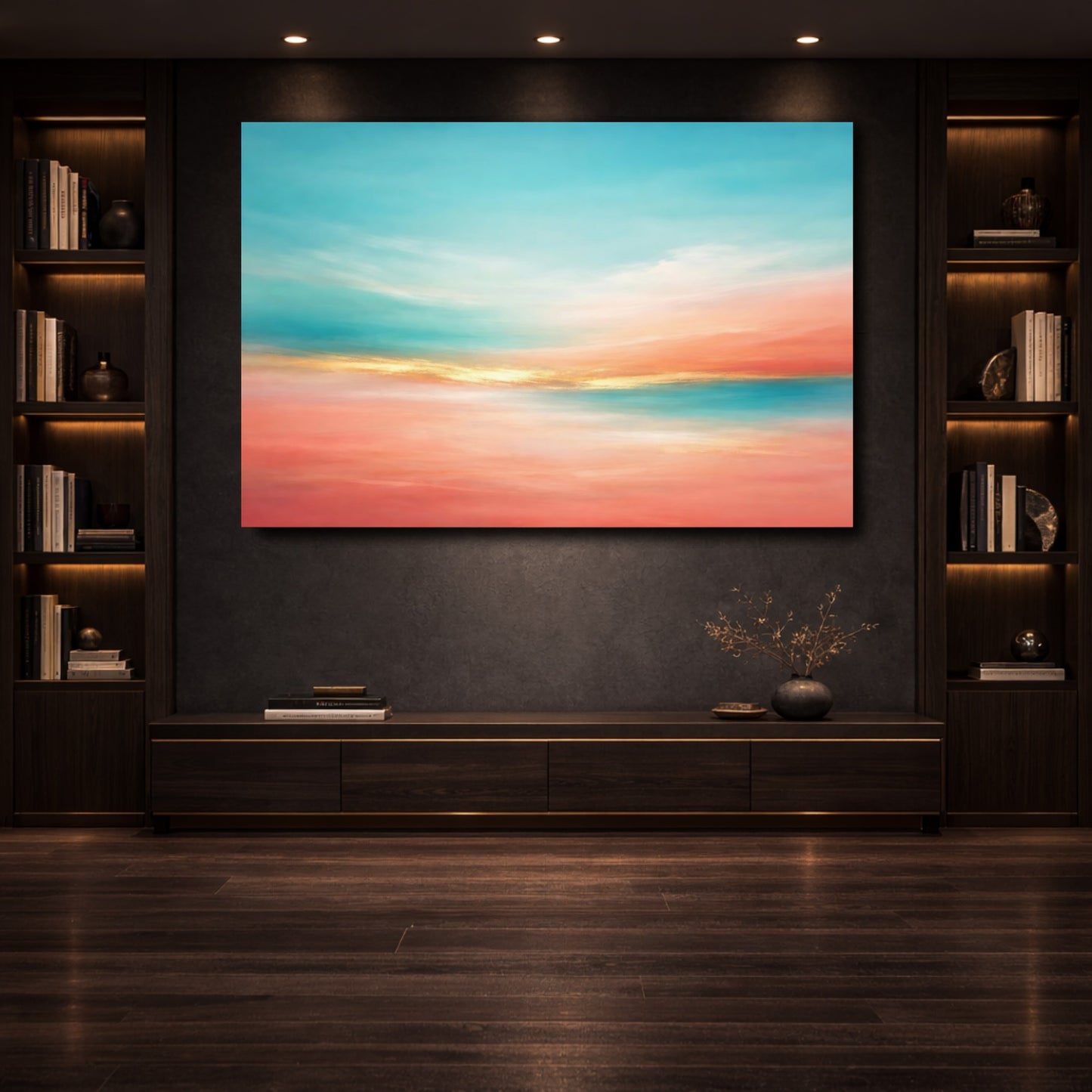 Mockup 3. Nature Sunset Sky Teal Orange Abstract shown as stretched canvas wall art