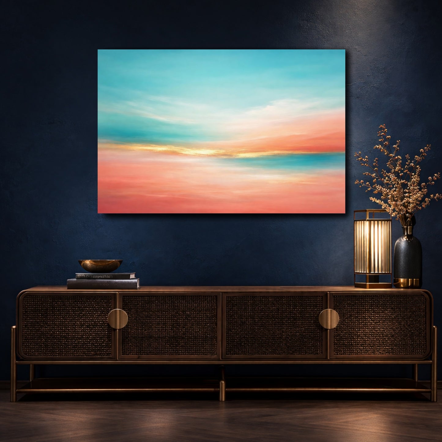 Mockup 4. Nature Sunset Sky Teal Orange Abstract shown as stretched canvas wall art