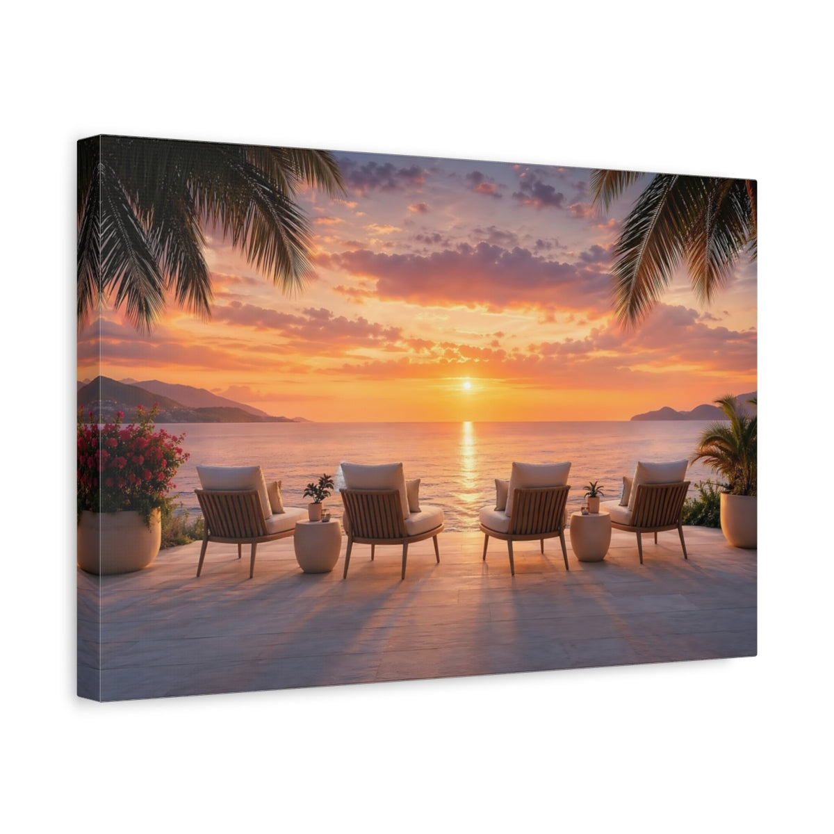 Side Mockup 4. Nature Sunset View Tropical Sunset shown as stretched canvas wall art