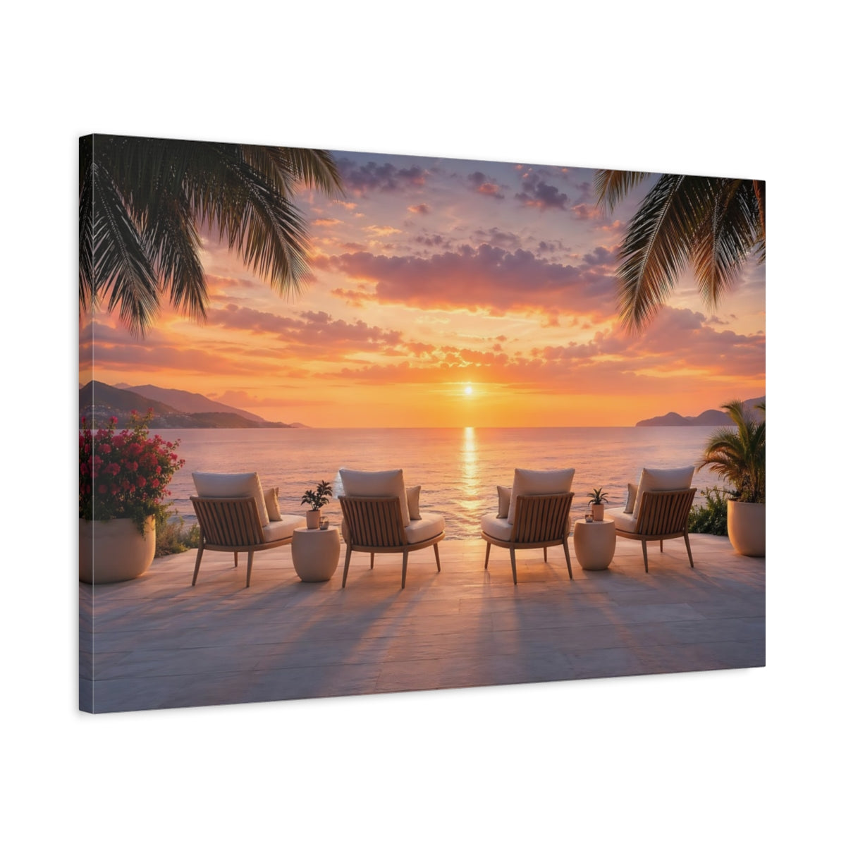 Side Mockup 2. Nature Sunset View Tropical Sunset shown as stretched canvas wall art