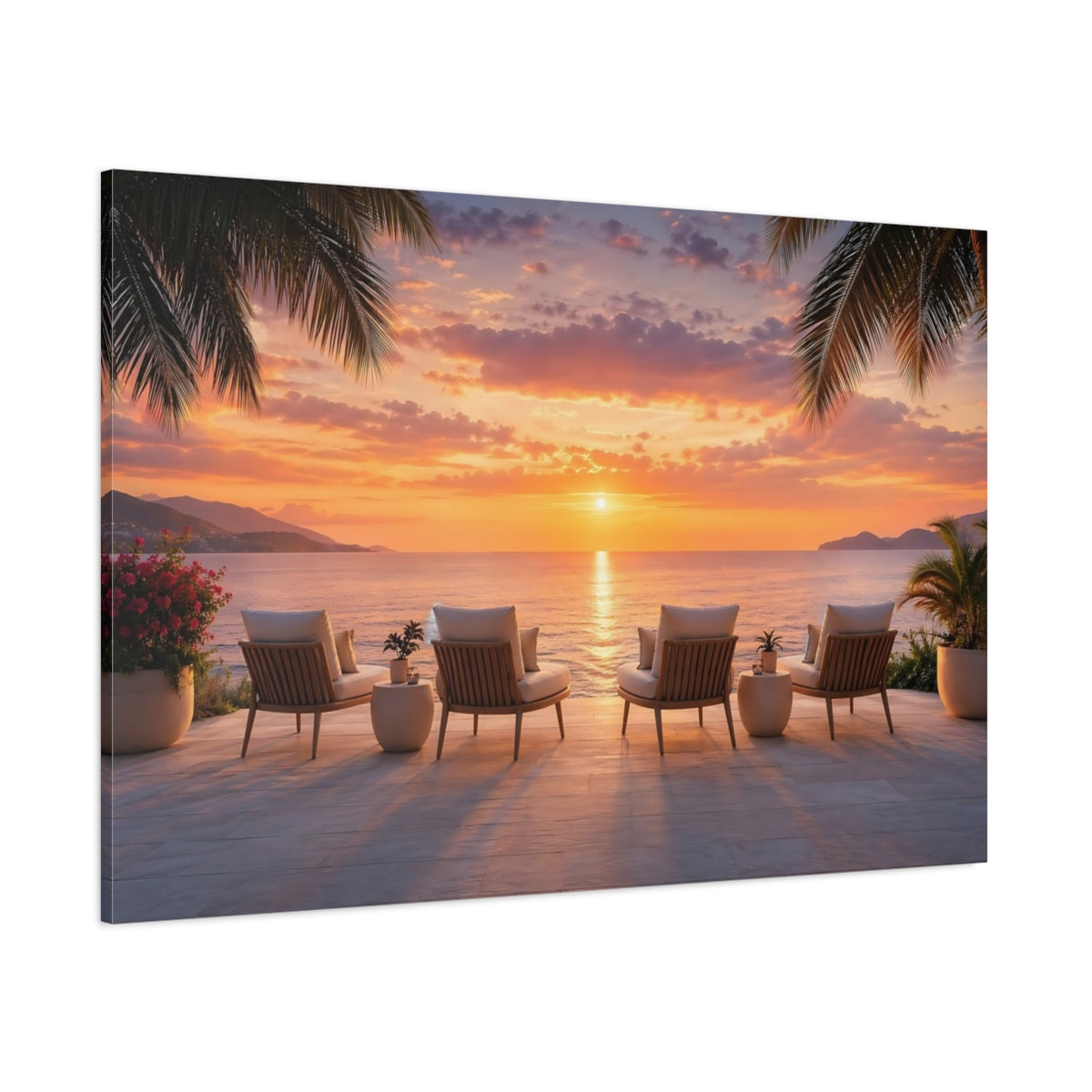 Side Mockup 1. Nature Sunset View Tropical Sunset shown as stretched canvas wall art