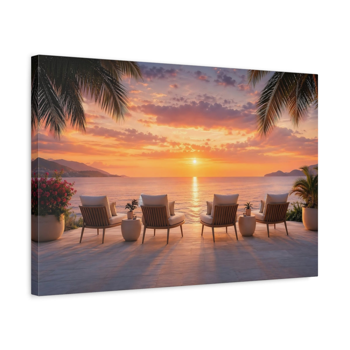 Side Mockup 3. Nature Sunset View Tropical Sunset shown as stretched canvas wall art