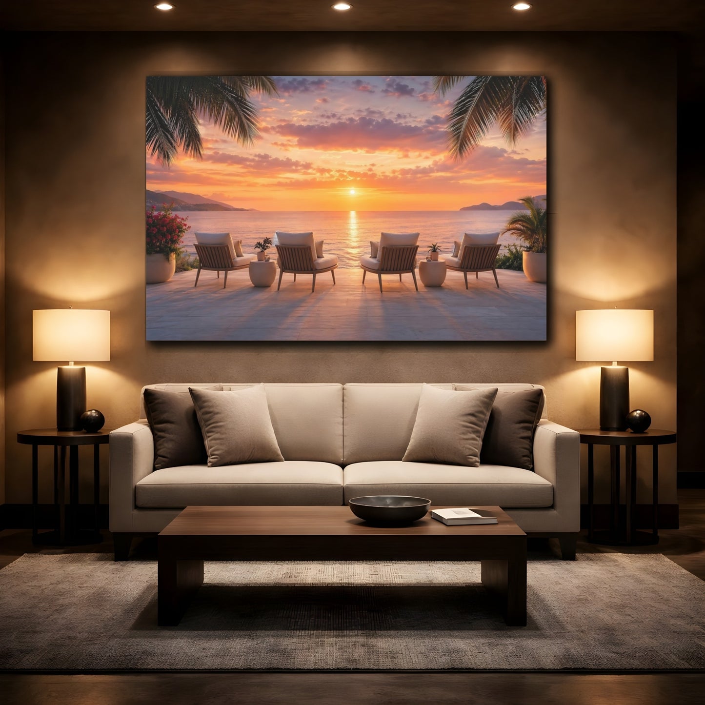 Mockup 2. Nature Sunset View Tropical Sunset shown as stretched canvas wall art