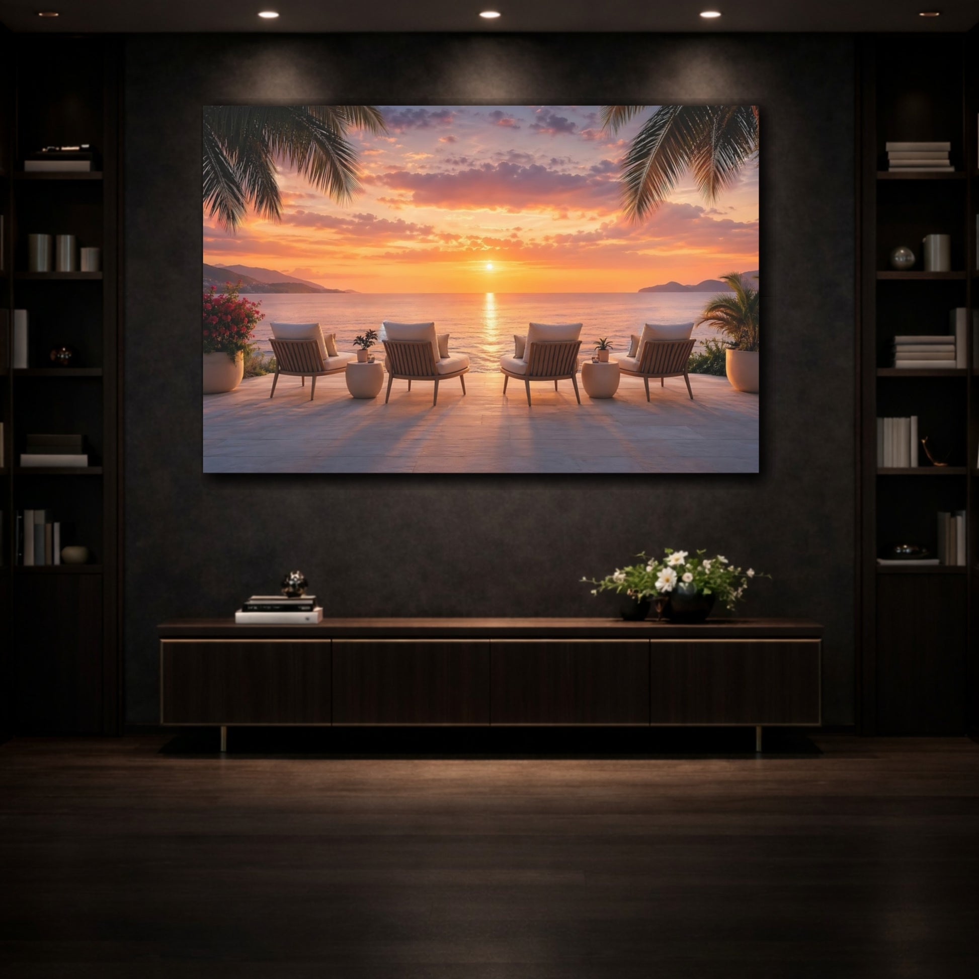 Mockup 3. Nature Sunset View Tropical Sunset shown as stretched canvas wall art
