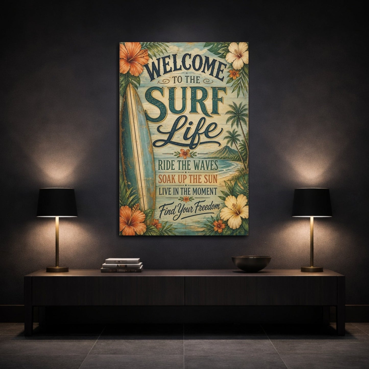 Nature Surfboard Beach Tropical Surf Canvas Print – Living Room, Large Wall, Blue - YesArtYes