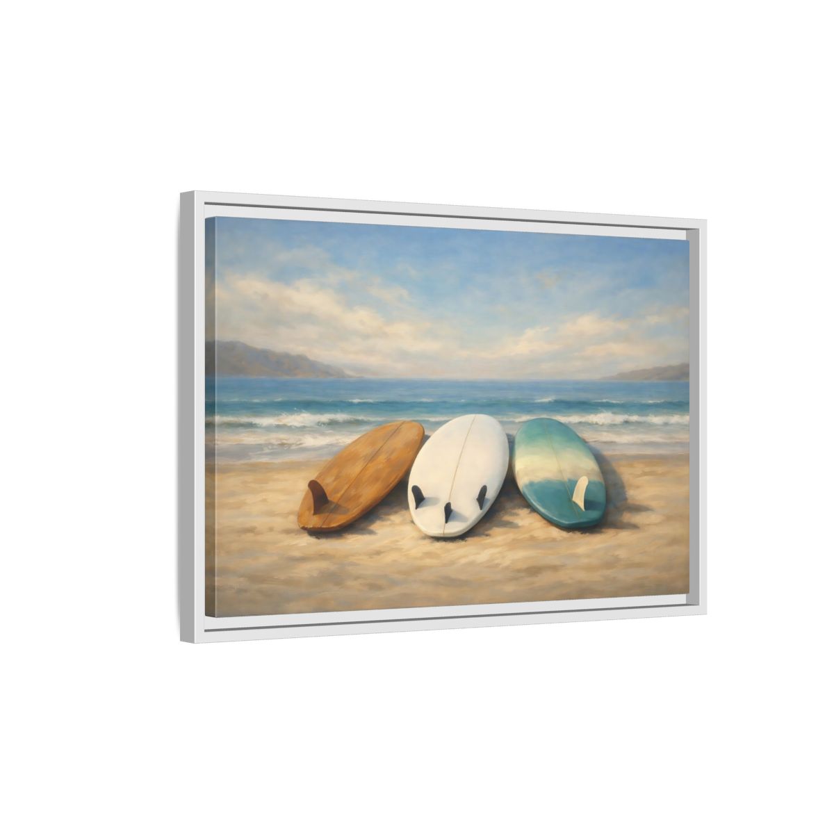 Side Mockup 1. Nature Surfboards Blue Brown Surfboards shown as stretched canvas wall art