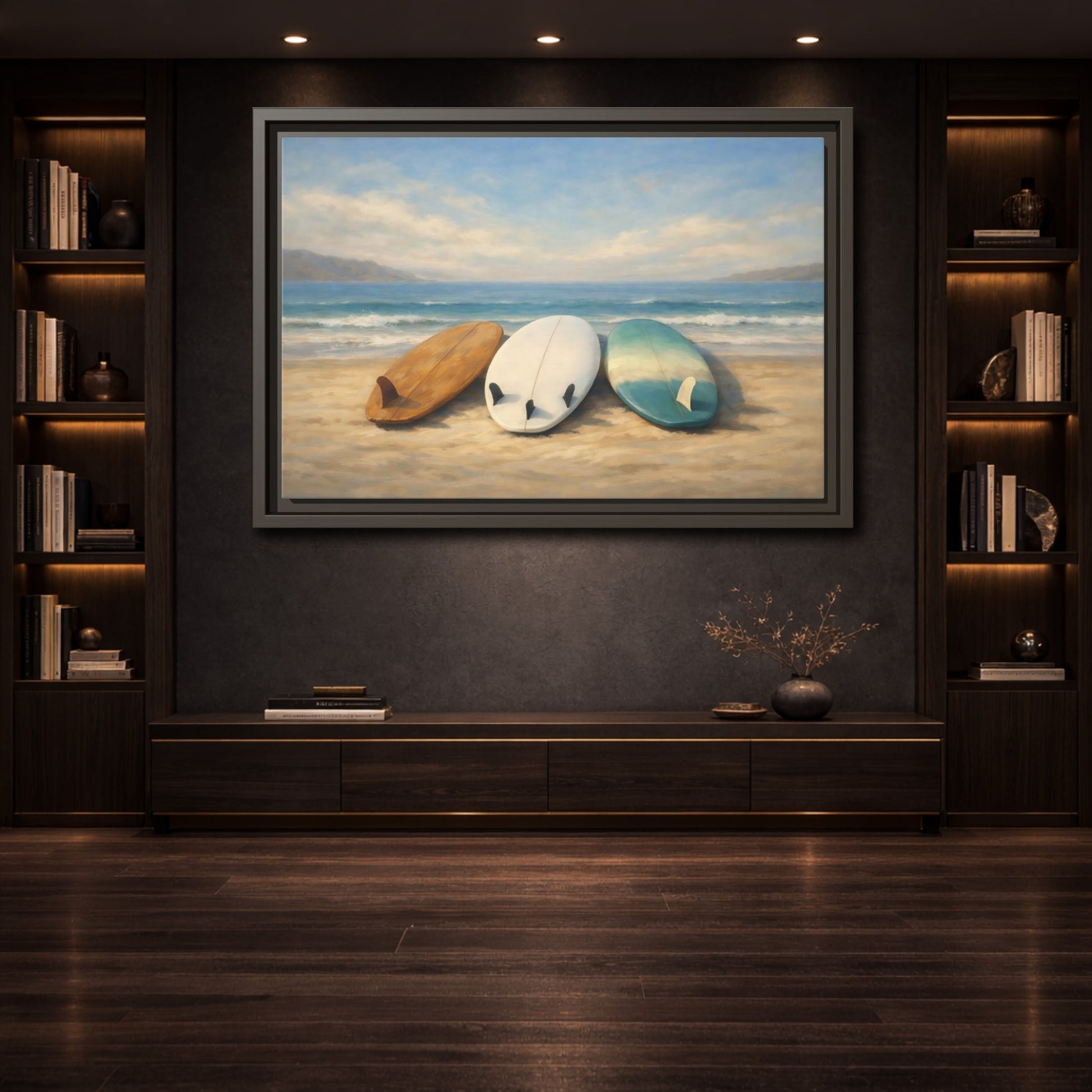Mockup 3. Nature Surfboards Blue Brown Surfboards shown as stretched canvas wall art