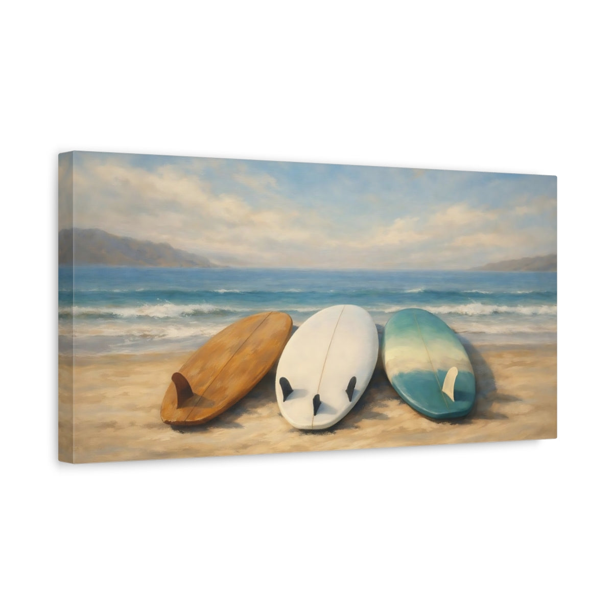Side Mockup 3. Nature Surfboards Teal And Brown shown as stretched canvas wall art