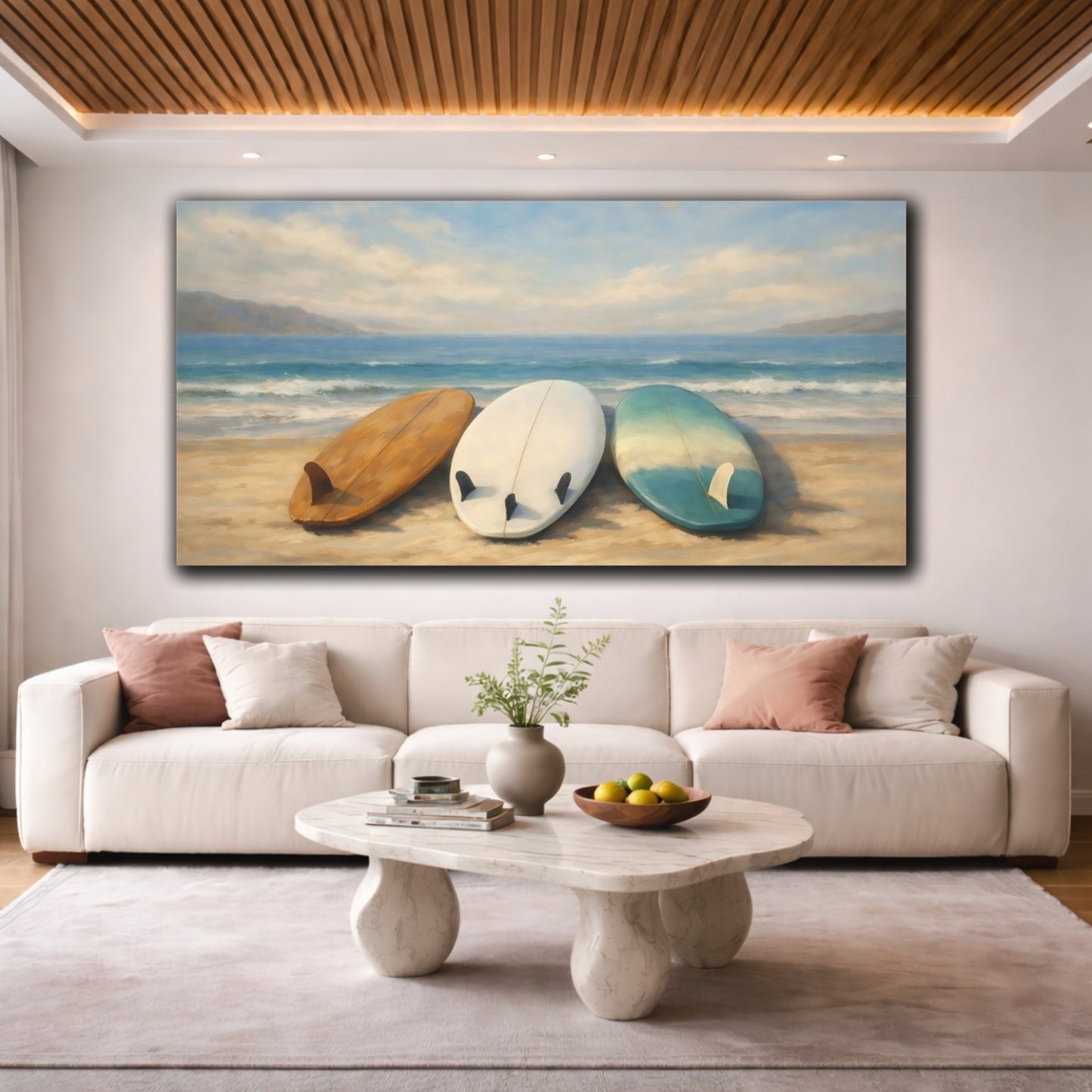 Mockup 3. Nature Surfboards Teal And Brown shown as stretched canvas wall art