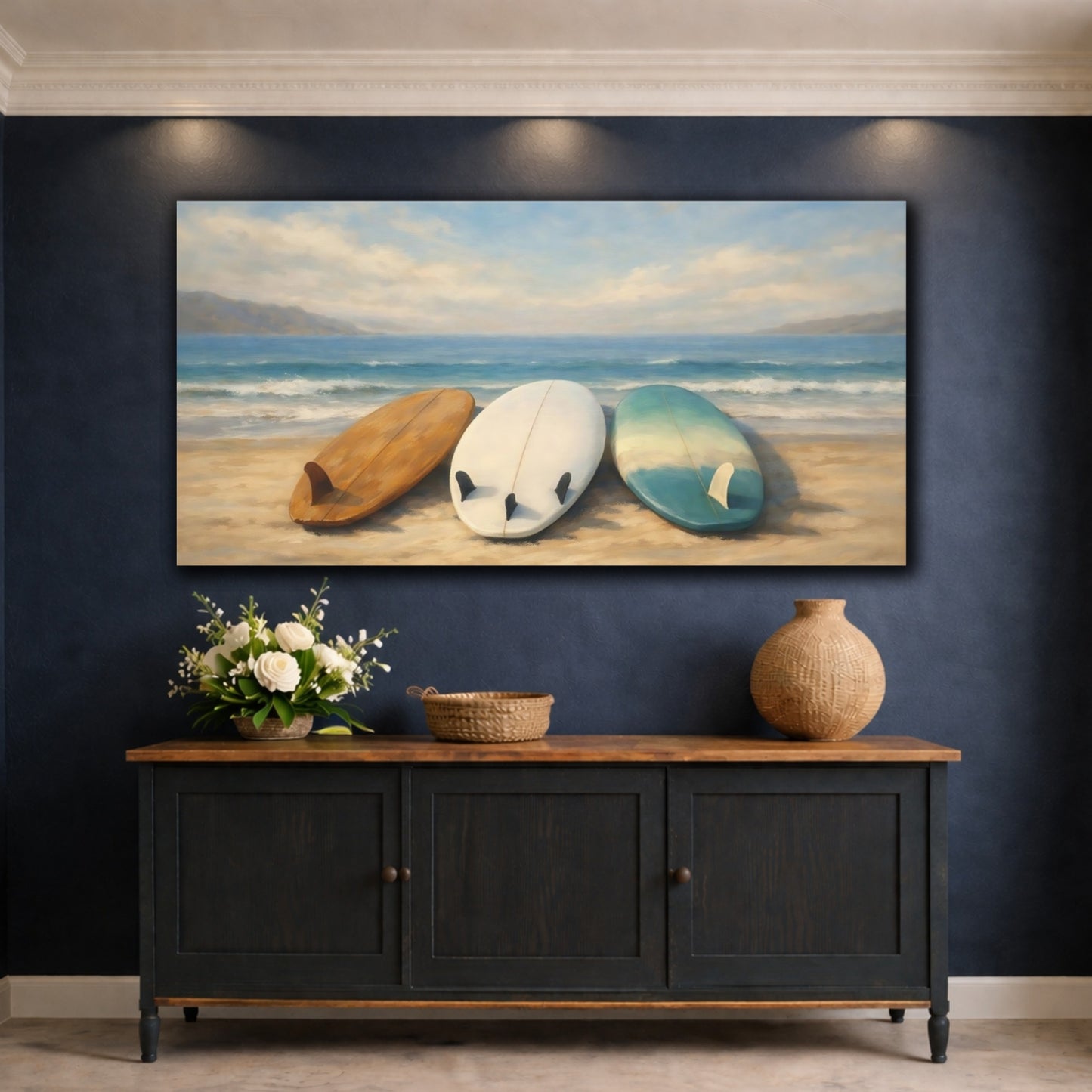 Mockup 4. Nature Surfboards Teal And Brown shown as stretched canvas wall art