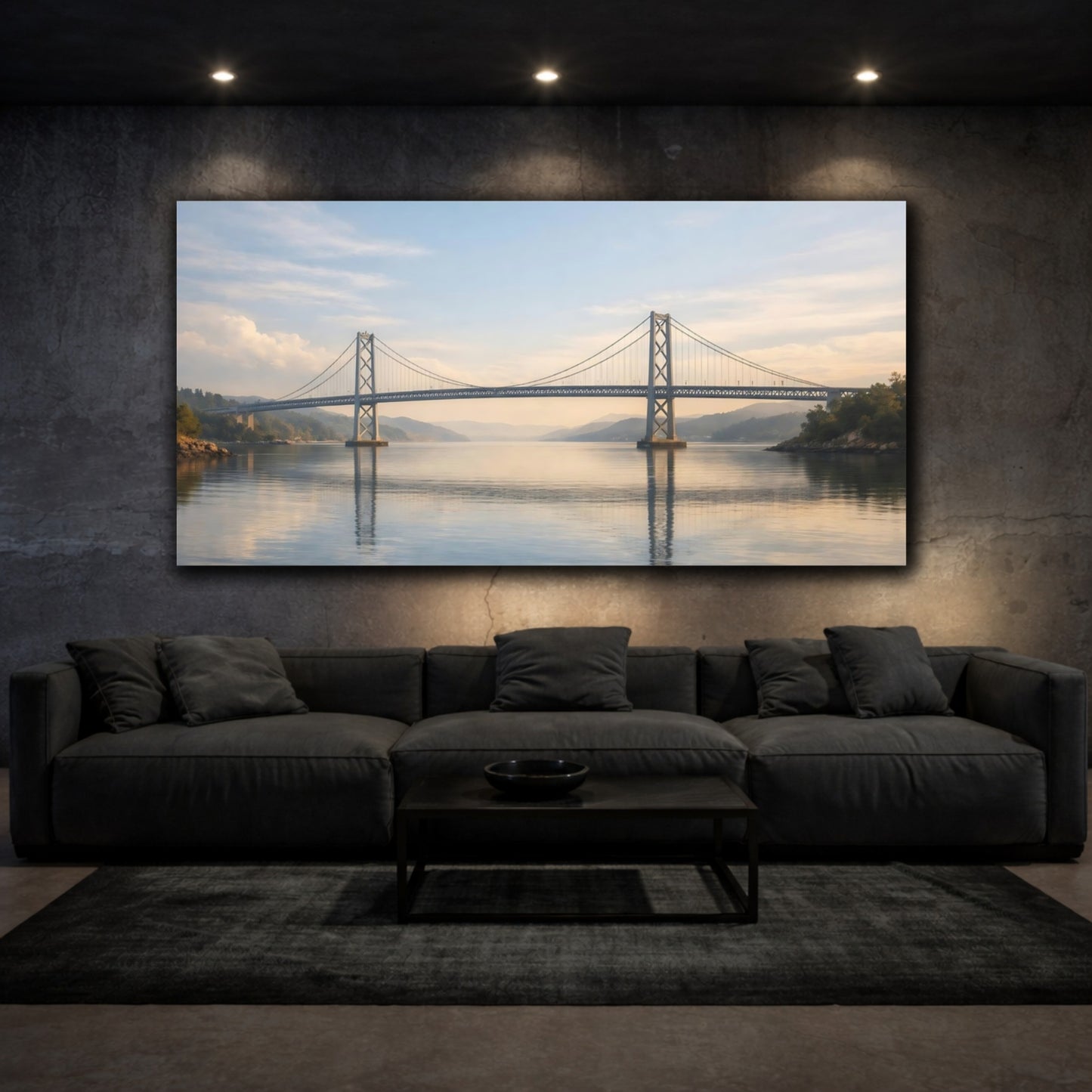 Mockup 2. Nature Suspension Bridge Blue And Gold Bridge shown as stretched canvas wall art