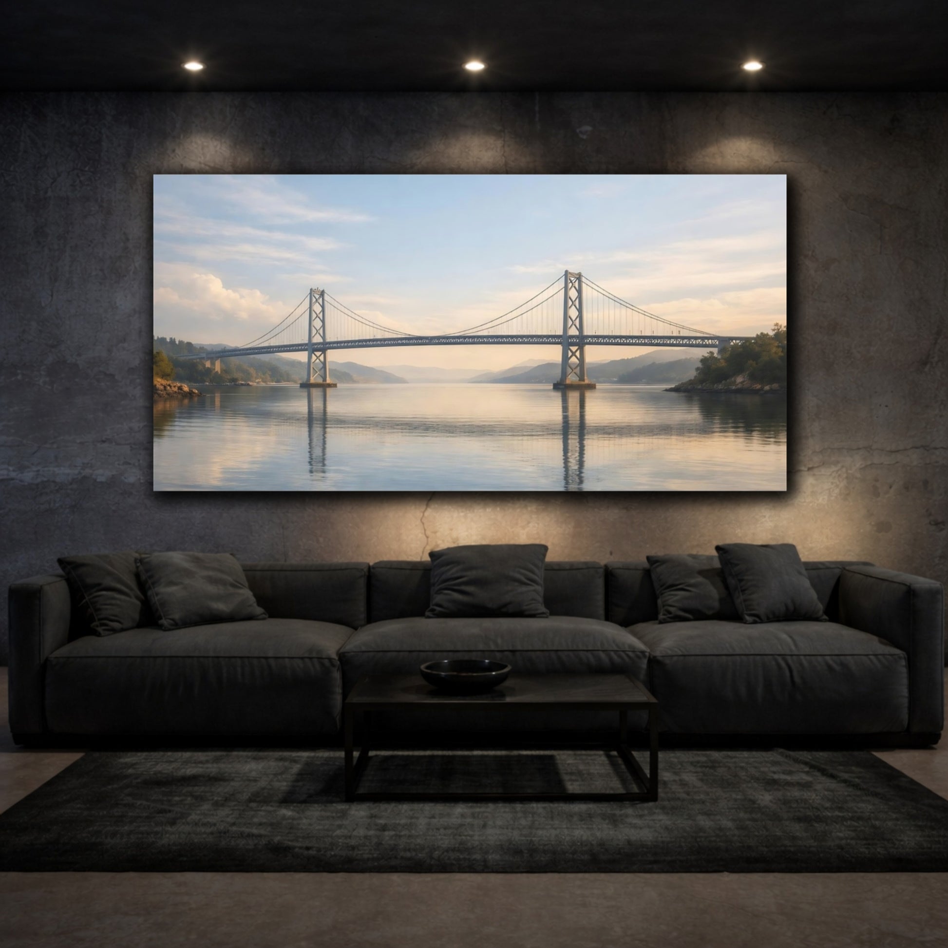 Mockup 2. Nature Suspension Bridge Blue And Gold Bridge shown as stretched canvas wall art
