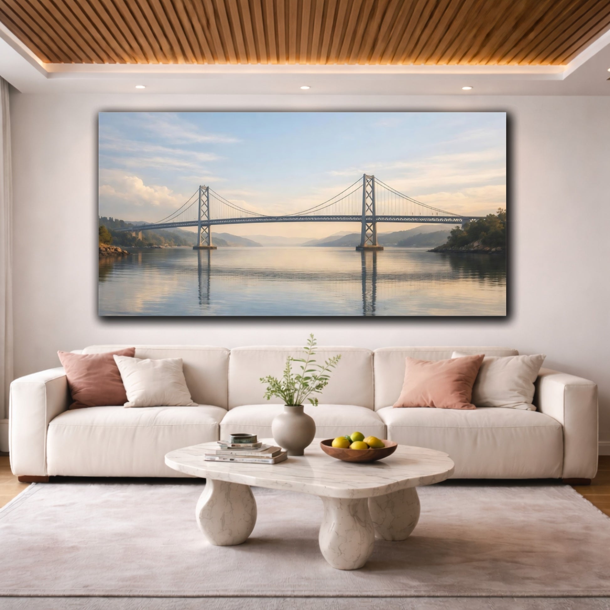 Mockup 3. Nature Suspension Bridge Blue And Gold Bridge shown as stretched canvas wall art