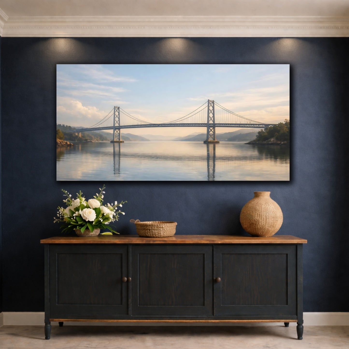 Mockup 4. Nature Suspension Bridge Blue And Gold Bridge shown as stretched canvas wall art