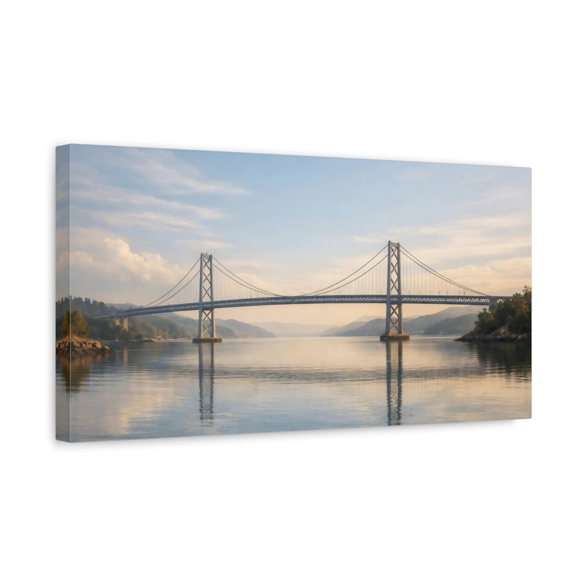 Side Mockup 3. Nature Suspension Bridge Blue And Gold Bridge shown as stretched canvas wall art