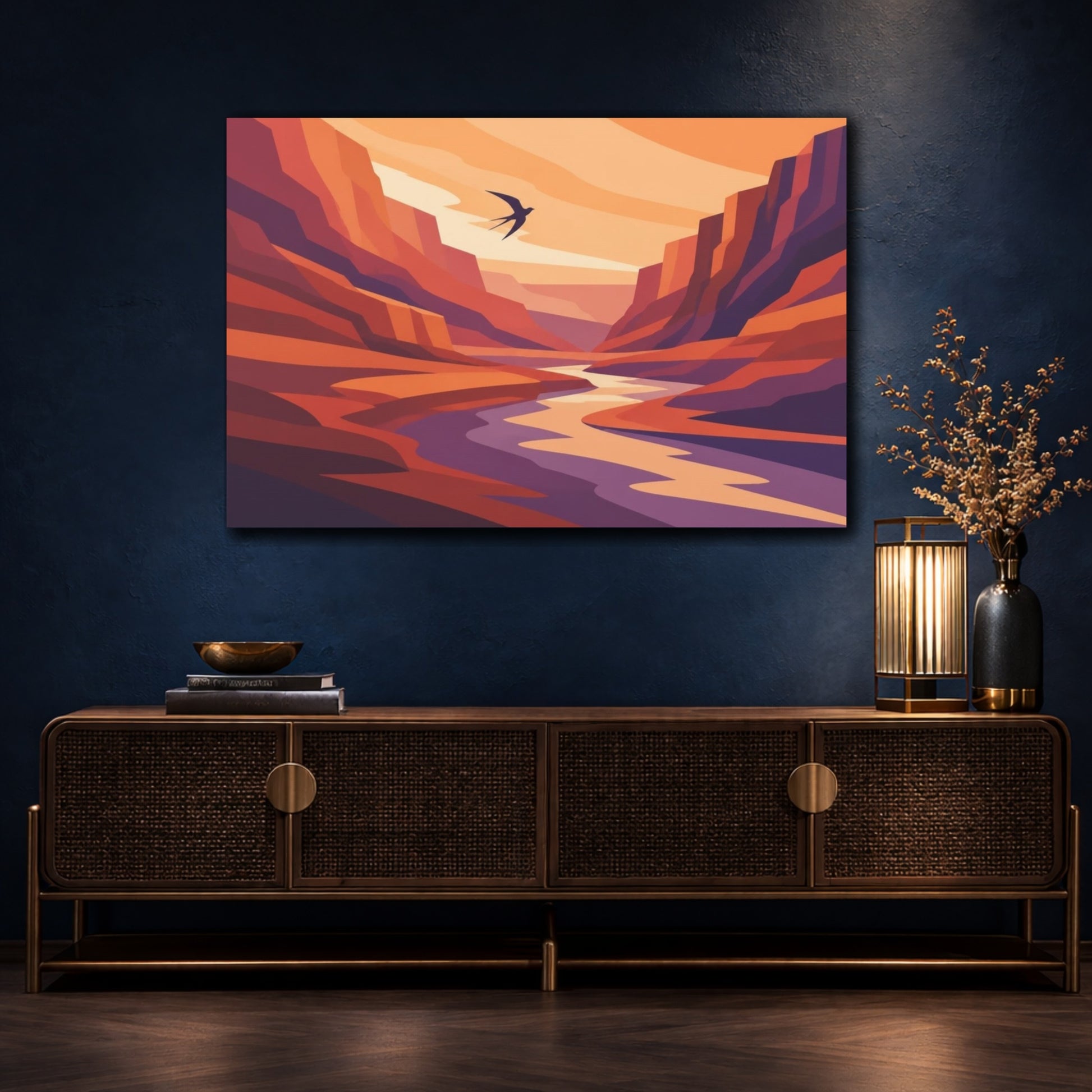 Mockup 4. Nature Swallow Over Amber Canyon shown as canvas print