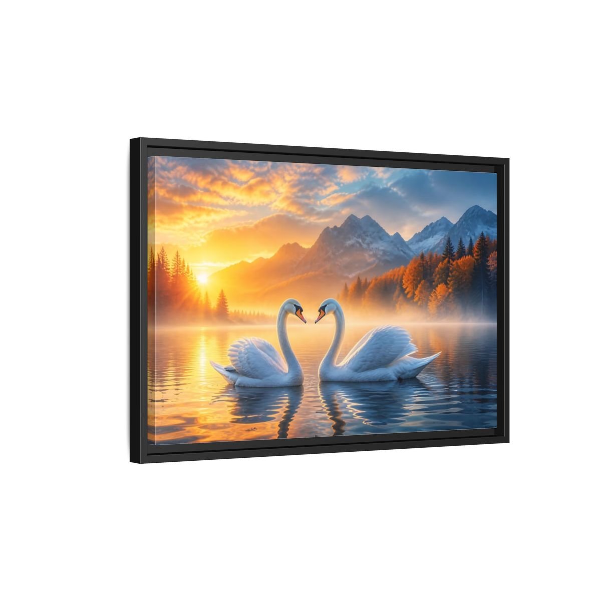 Nature Swans Golden Sunset Framed Canvas Print – Living Room, Above Console Table - YesArtYes