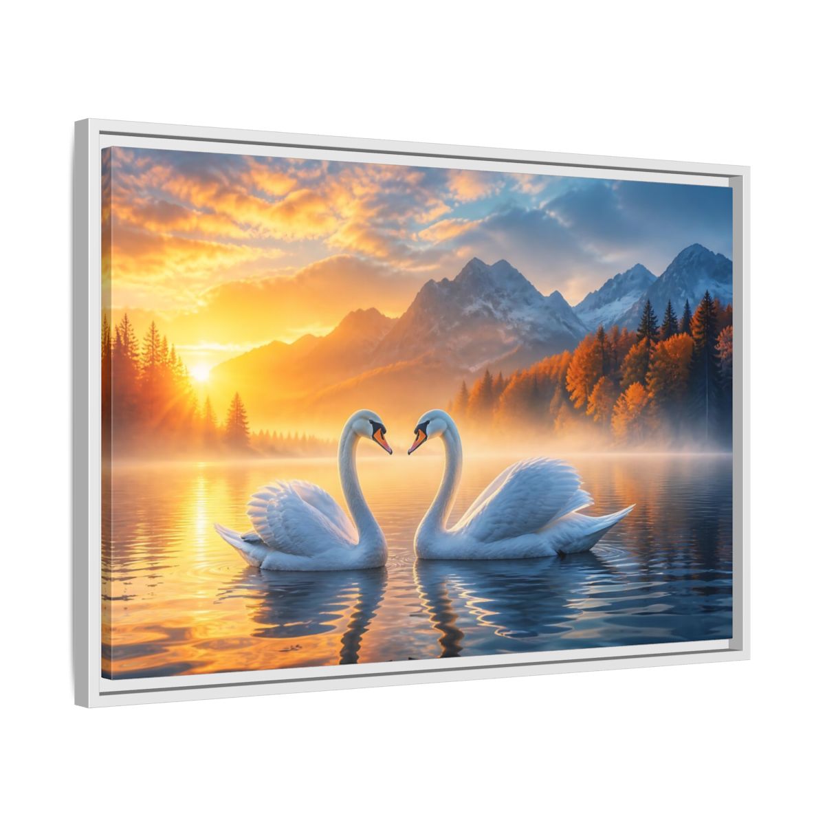 Nature Swans Golden Sunset Framed Canvas Print – Living Room, Above Console Table - YesArtYes