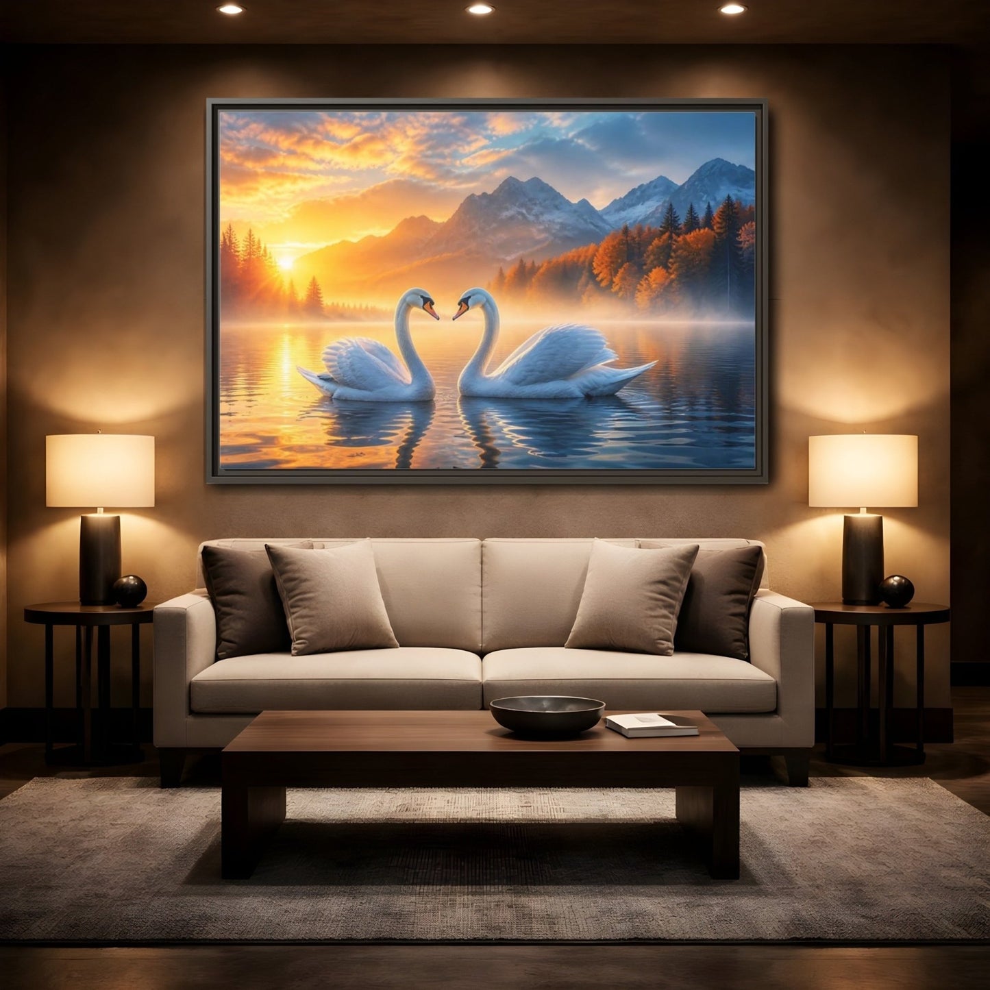 Nature Swans Golden Sunset Framed Canvas Print – Living Room, Above Console Table - YesArtYes