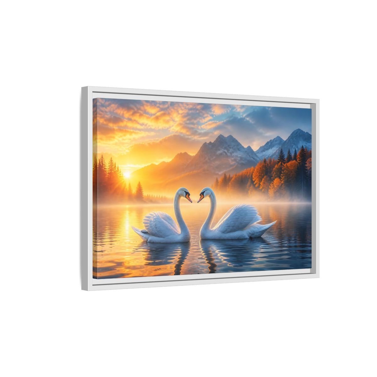 Nature Swans Golden Sunset Framed Canvas Print – Living Room, Above Console Table - YesArtYes