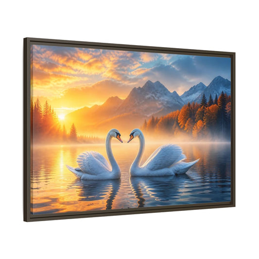 Nature Swans Golden Sunset Framed Canvas Print – Living Room, Above Console Table - YesArtYes